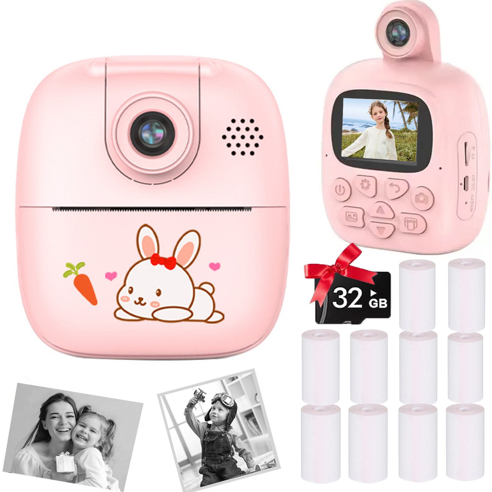 MOPUEA Kinder Kamera,2.0-Zoll,32GB,10Rollen Fotopapier,180°umkehrbare Linse Sofortbildkamera (inkl. kamera, 10 fotopapiere, 32gb speicherkarte, drehbares objektiv, 24mp, sofortdruck, großer speicher, ergonomisch)