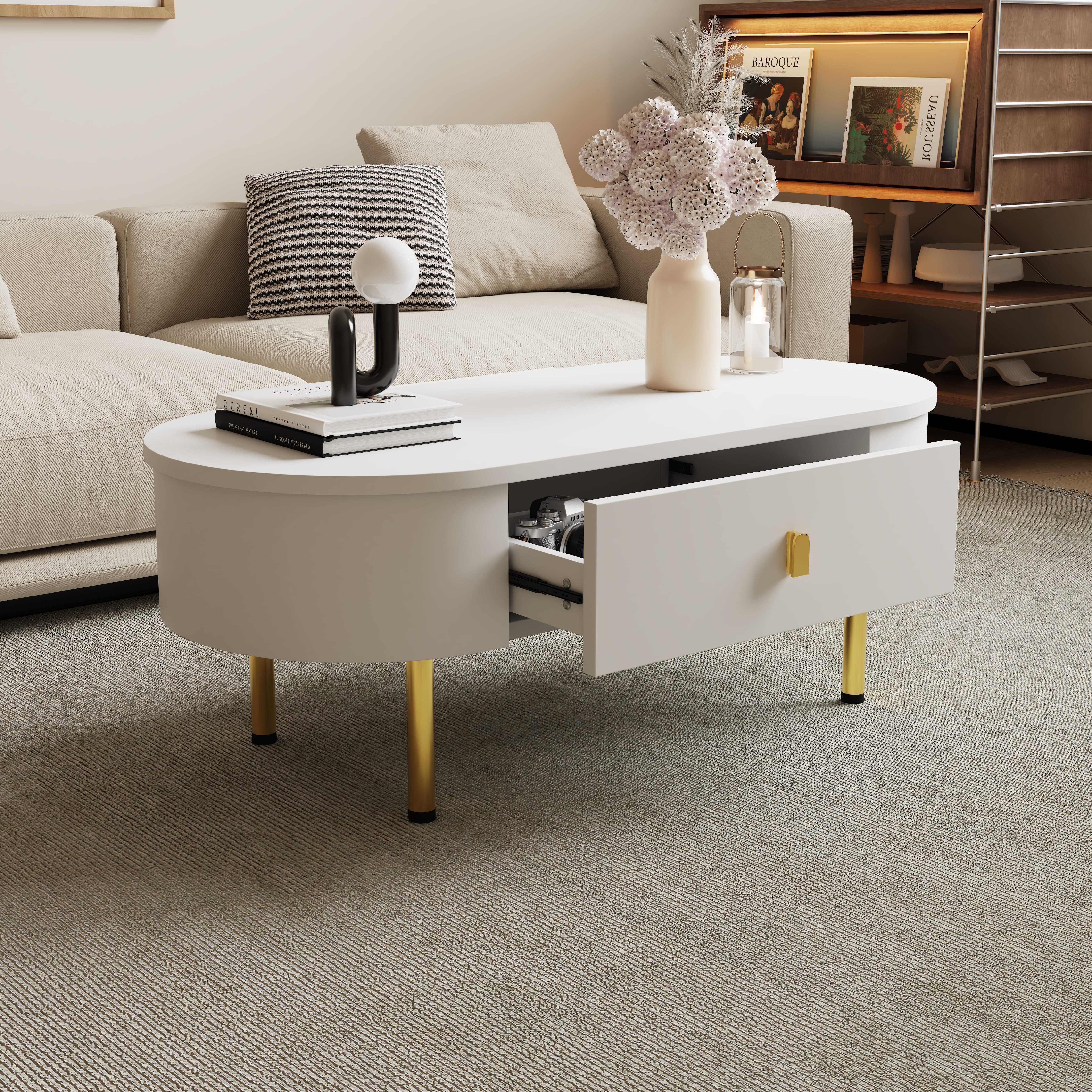 MODFU Couchtisch in Weiß mit Goldenen Akzenten (Satztisch, Wohnzimmertisch, Beistelltisch, 1-St., zwei Schubladen), mit gebogenen Ecken
