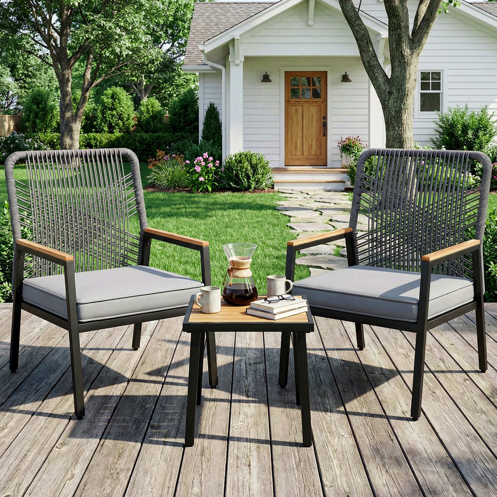 TLGREEN Gartenstuhl Eisen-Rattan Gartensessel,verbreiterter Sitz, (Balkonstühle Metall und Rattan, mit 8 cm dicken Sitzkissen, 3 St), 160 kg Belastbar für Terrasse, Garten und Veranda