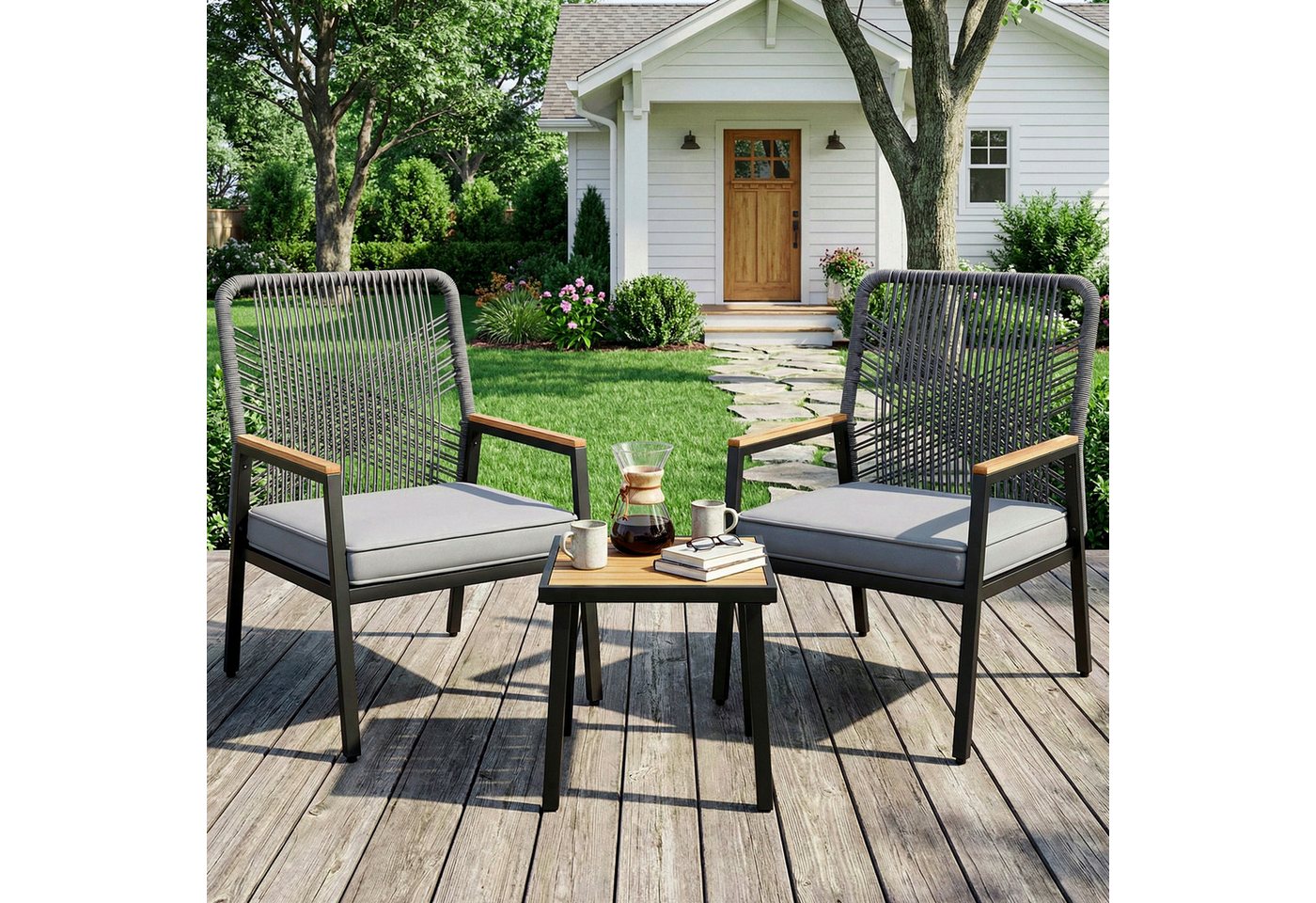 TLGREEN Gartenstuhl Eisen-Rattan Gartensessel,verbreiterter Sitz, (Gartenmöbel-Set,Zwei Stühle und ein Beistelltisch, 3 St), 160 kg Belastbar für Terrasse, Garten und Veranda