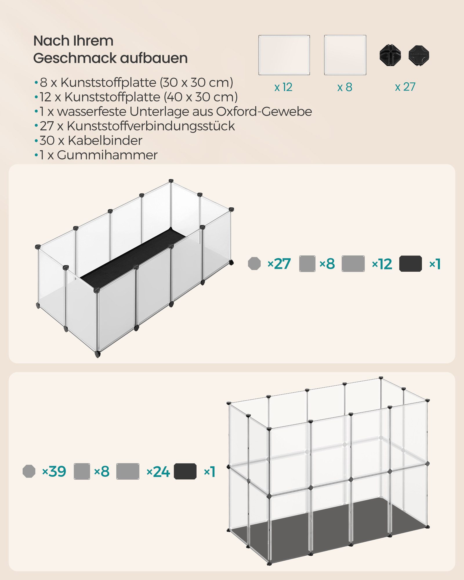 SONGMICS Kleintierkäfig, mit Bodenplatten, Laufstall mit wasserfeste Unterlage