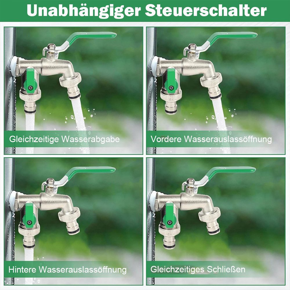 TUWENA Absperrventil Doppel Auslaufhahn, Garten Wasserhahn 1/2 Zoll & 3/4 Zoll Kugelhahn, Messing Rost-und Frostsicher, 2 Schlauchanschlüsse, 1 Rollendichtband – Bild 5 von 5