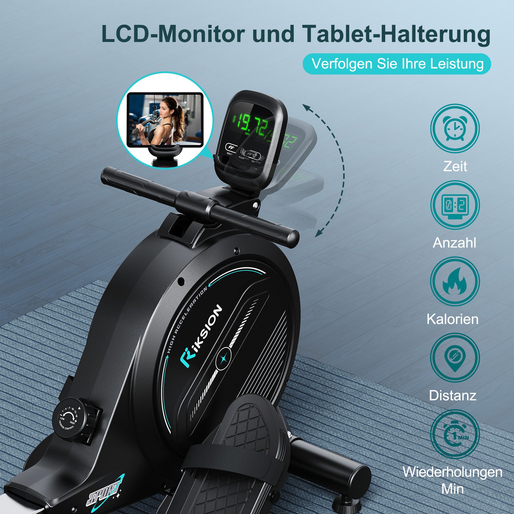 Riksion Rudergerät für Zuhause mit mit App, Rudergerät 16 Stufen Magnetwiderstand (1-tlg), Indoor-Gerät für das Home-Gym, 160 kg Kapazität mit LCD-Monitor