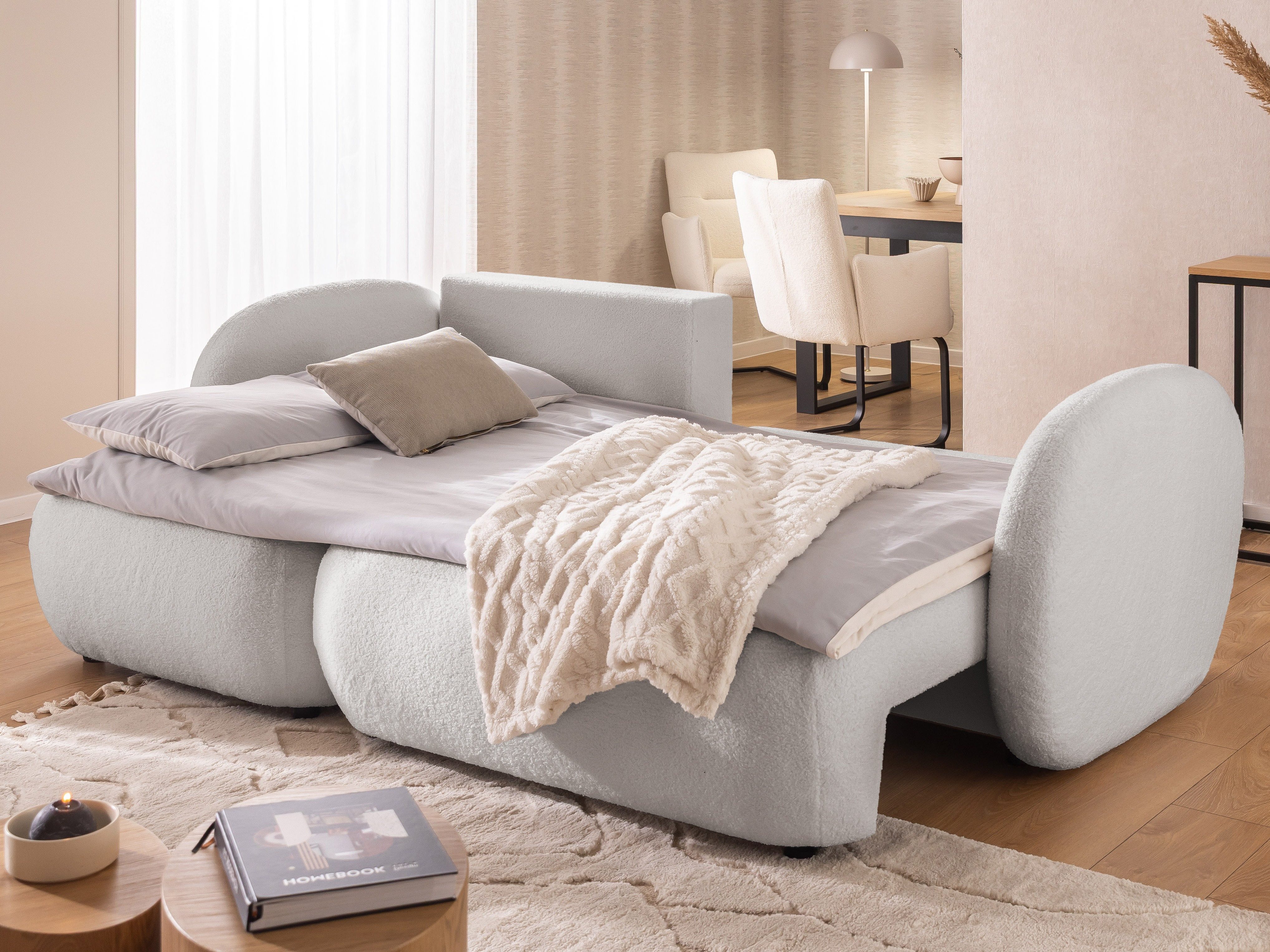 S-Style Möbel Ecksofa L- Form Candy mit Schlaffunktion und Stauraum aus Bouclé-Stoff, mit Taschenfedern