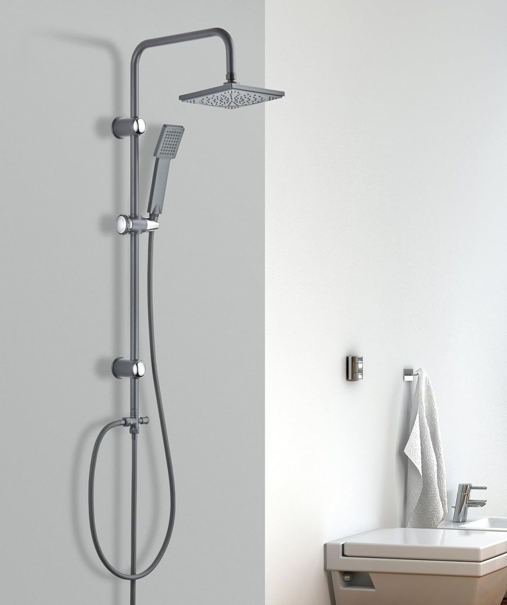 Vereg Duschsystem Fine Shower, 1 Strahlart(en), Duschsäule Überkopfbrause-Set dunkelgrau mit Handbrause und Kopfbrause