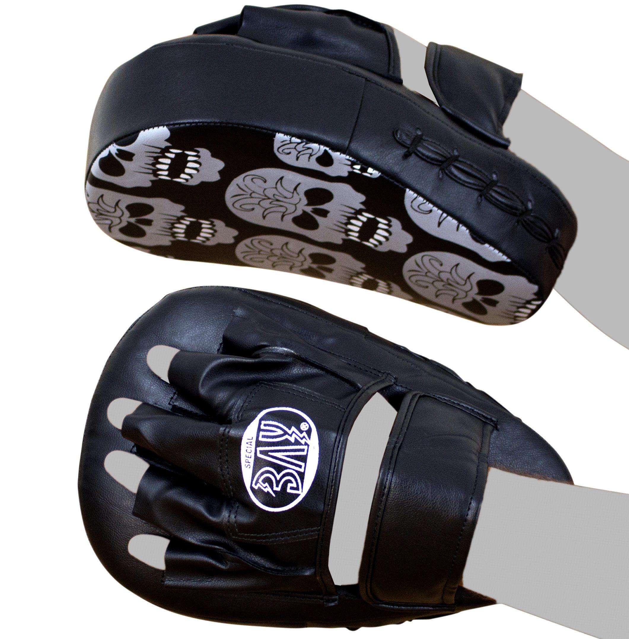BAY-Sports Pratze PU-Ergo Handpratzen Trainerpratzen krumm Boxen Kickboxen Totenkopf, Ergonomisch vorgeformte Pratzen. Open Finger. Trendfarbe Totenkopf.