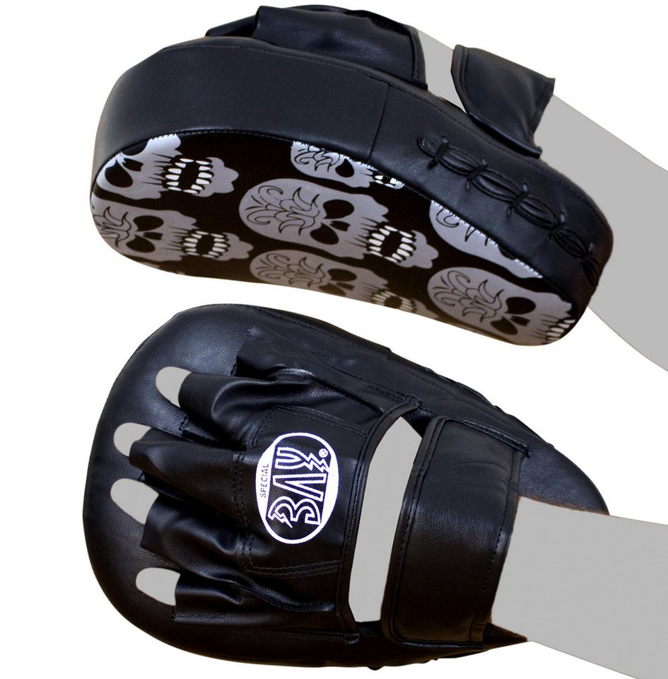 BAY-Sports Pratze PU-Ergo Handpratzen Trainerpratzen krumm Boxen Kickboxen Totenkopf, Ergonomisch vorgeformte Pratzen. Open Finger. Trendfarbe Totenkopf.