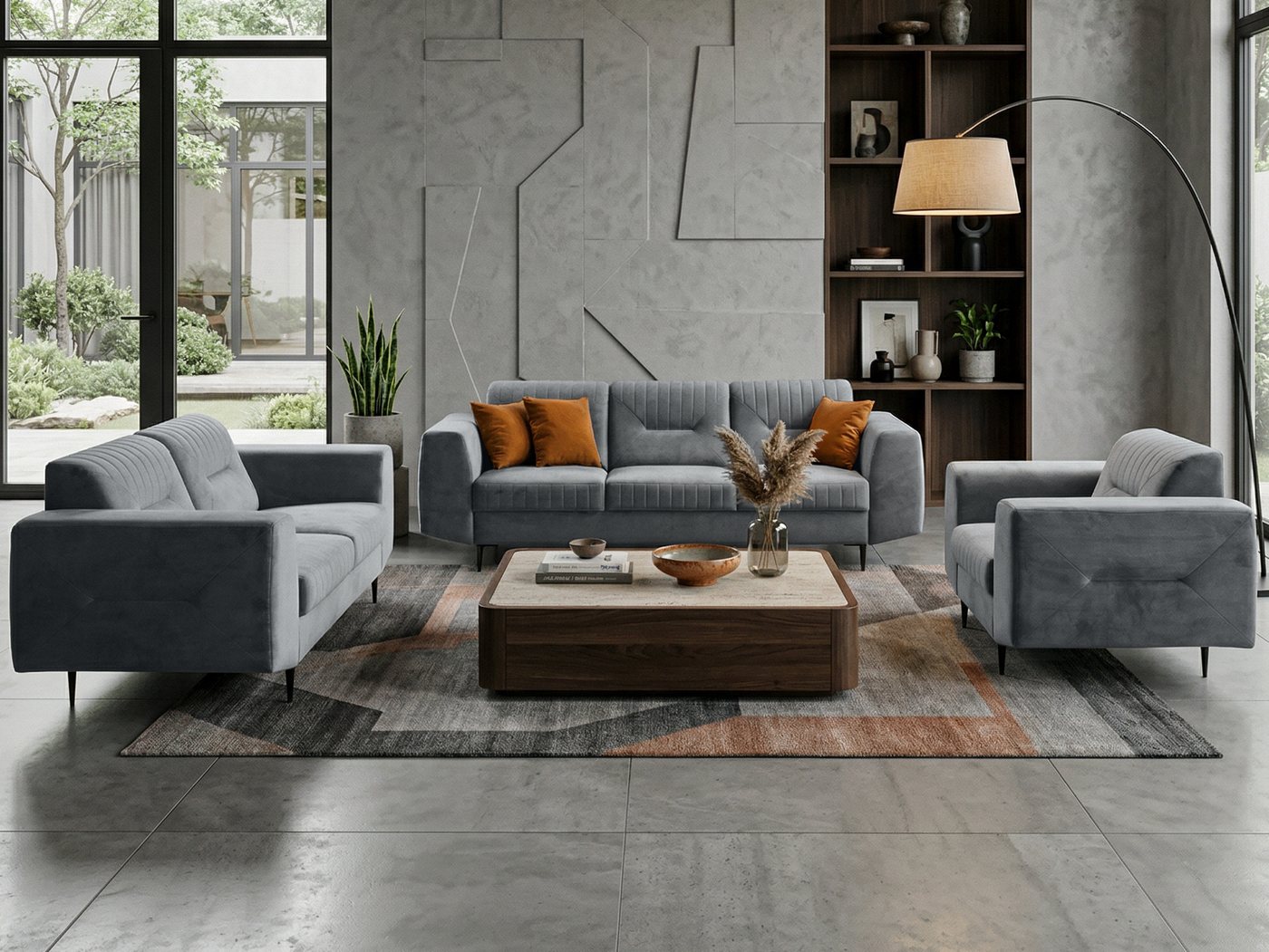 Beautysofa Polstergarnitur im modernen Stil auf hohen Metallbeinen VENEZIA, (Sessel + 2-Sitzer Sofa + 3-Sitzer Sofa im modernes Design), mit Metallbeine, Couchgarnituren aus Velours oder Chenille