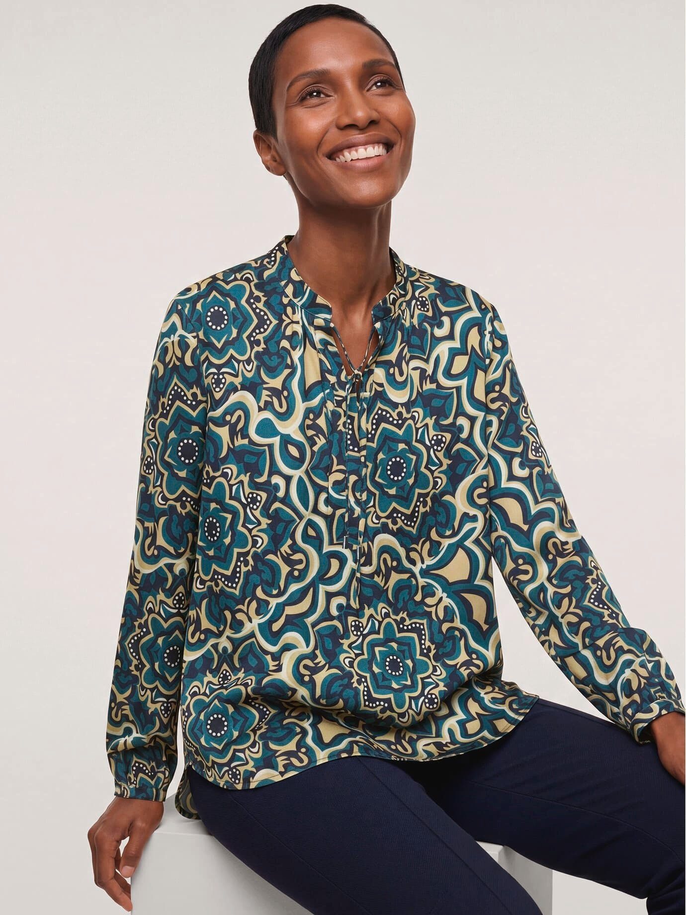 Walbusch Shirtbluse Damen Shirtbluse aus Baumwollsatin Stehkragen Langarm, pflegeleicht, atmungsaktiv
