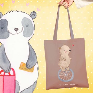 Mr. & Mrs. Panda Tragetasche Bär Einrad fahren - Braun Pastell - Geschenk, Beuteltasche, Einkaufst (1-tlg), Lange Tragegriffe