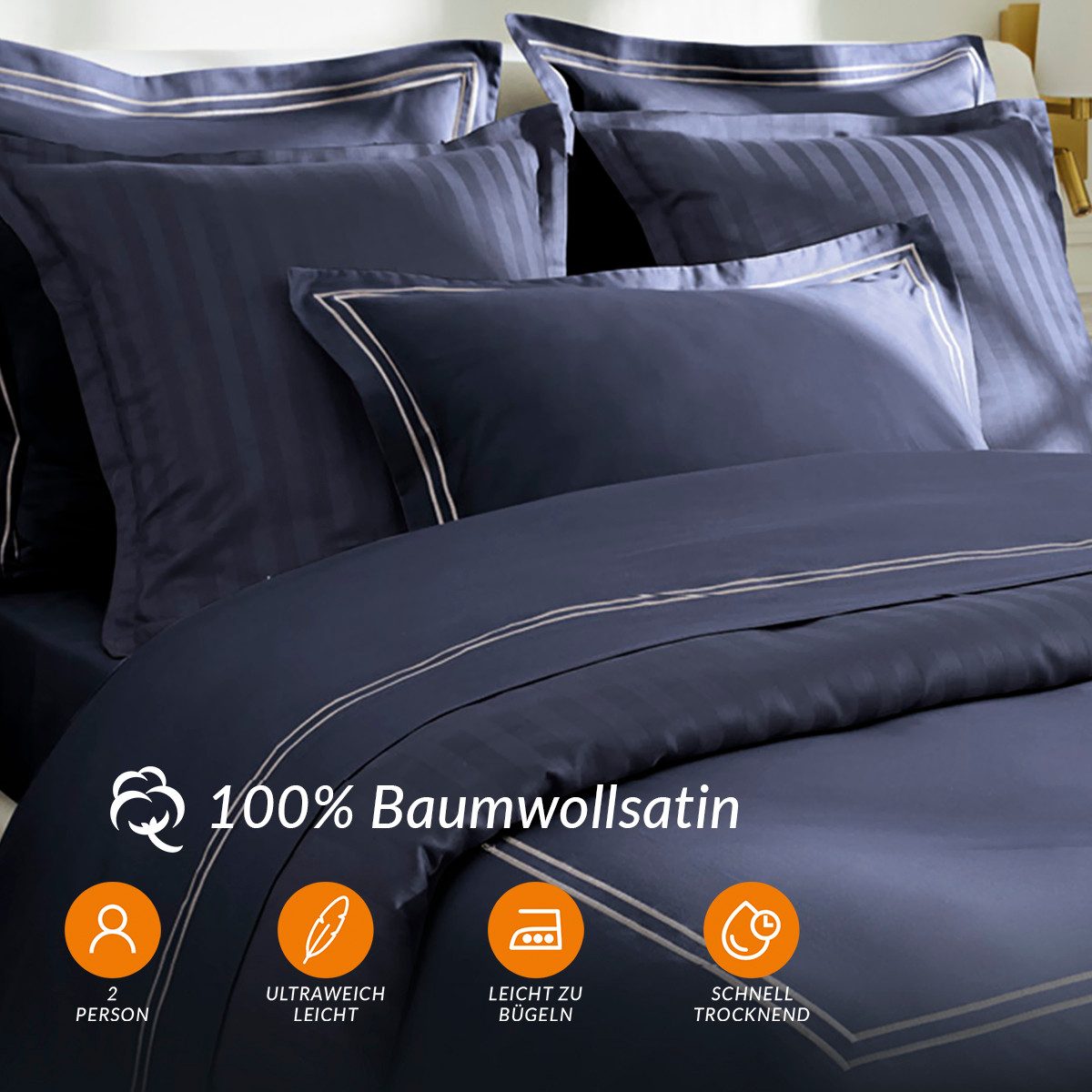 Pure cottom Bettwäsche Baumwollsatin in weiß/dunkelblau, Baumwollsatin, Partnerbett