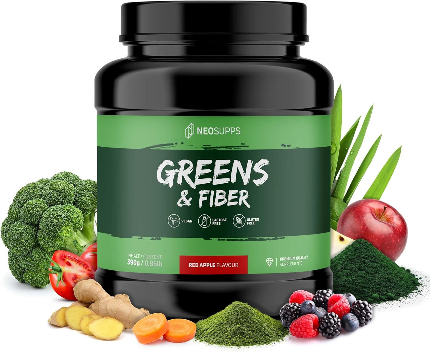 Neosupps Greens & Fiber 390g Red Apple​, Hochdosiertes Superfood-Pulver Pulver, mit Chlorella, Spirulina, Weizengras, Gerstengras, Inulin & Apfelfaser