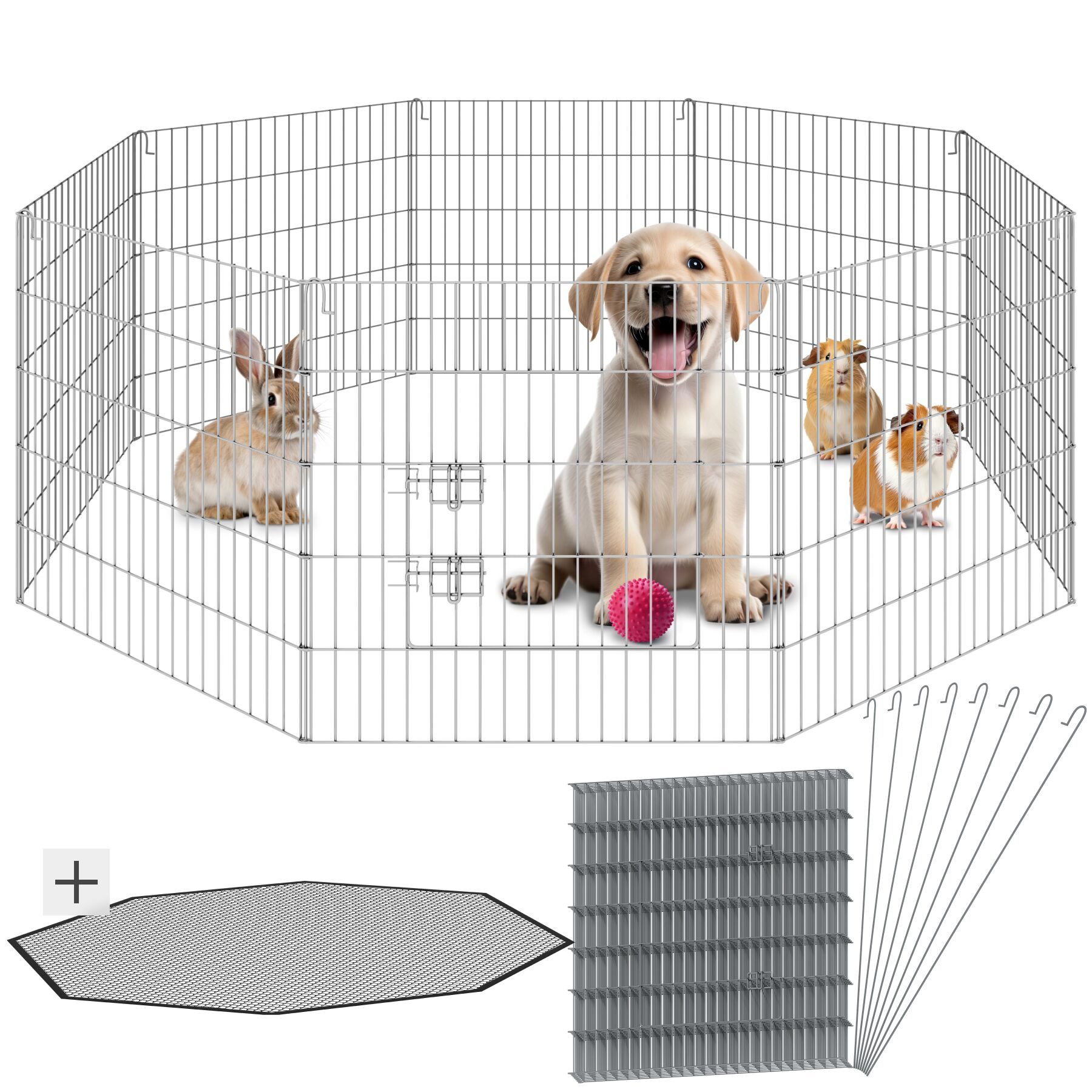 tectake Freigehege Tierauslauf, 145 x 73 cm, Sicherheitsnetz, große Tür mit, Aus 8 Gitterelementen, variable Montage im Stecksystem, erweiterbar