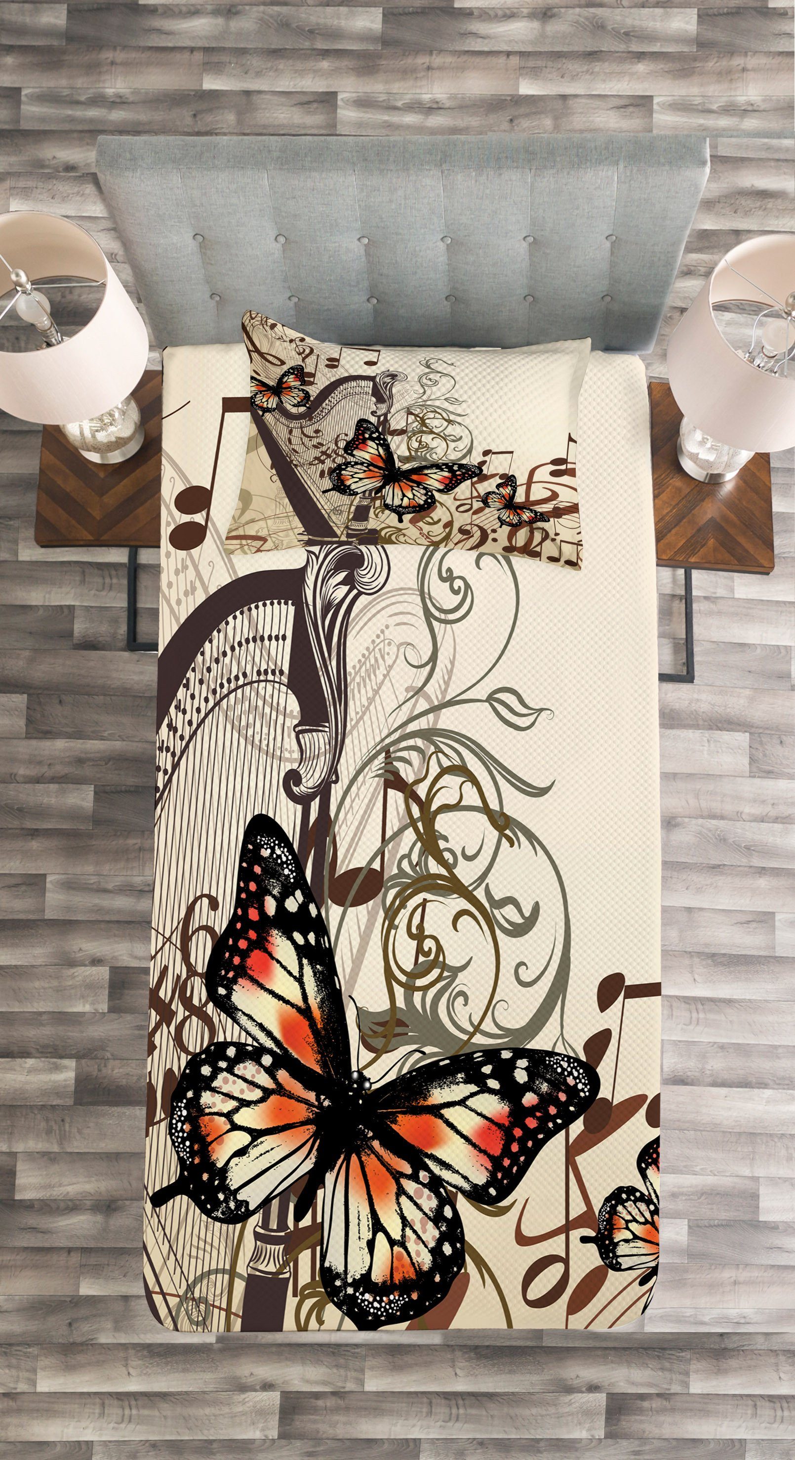 Tagesdecke Braun Waschbar, mit Schmetterling Set Abakuhaus, Ornament Harfe Kissenbezügen