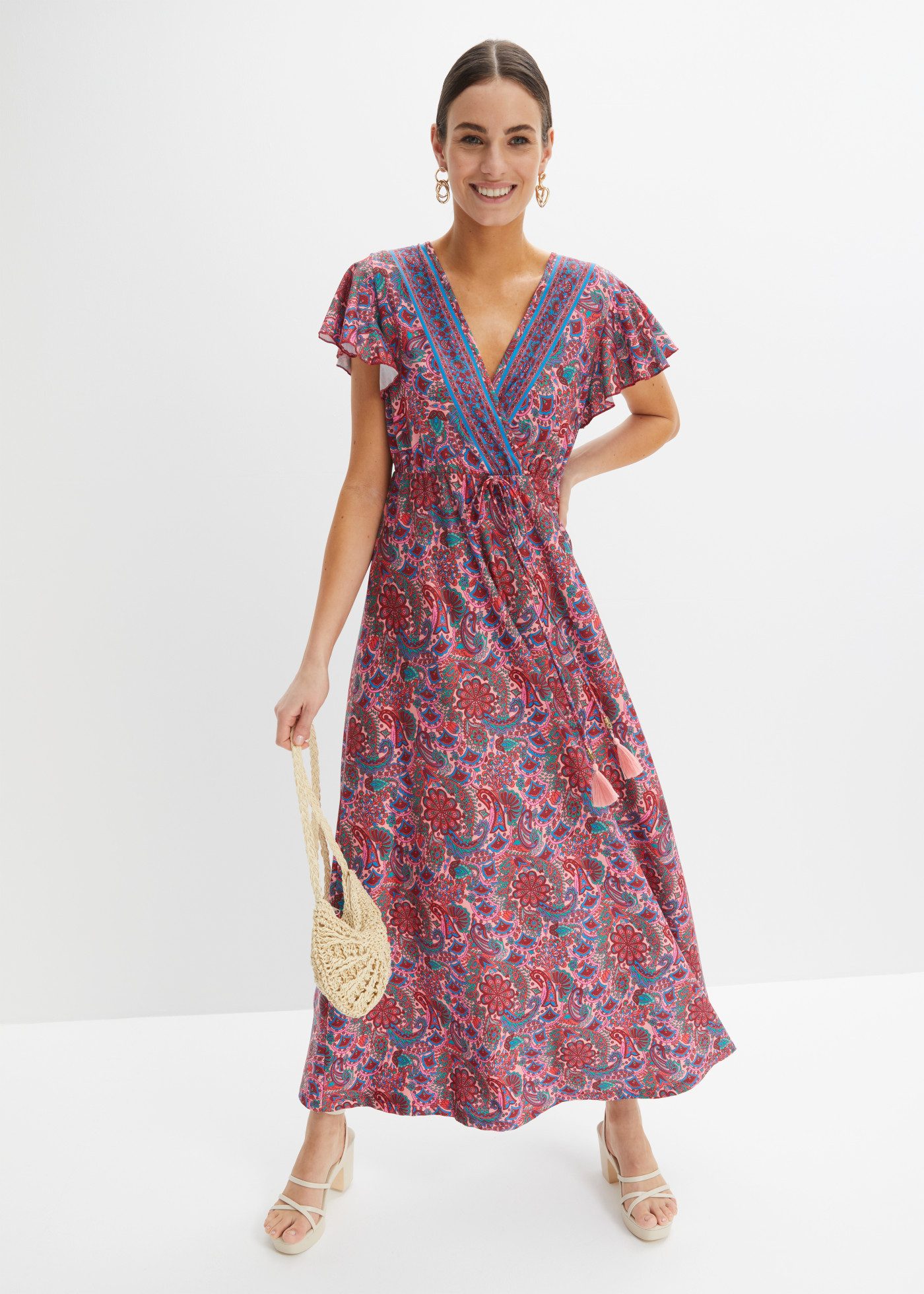 bonprix Maxikleid lockerer Schnitt, mit Flügelärmeln, elastisches Material, Maxilänge