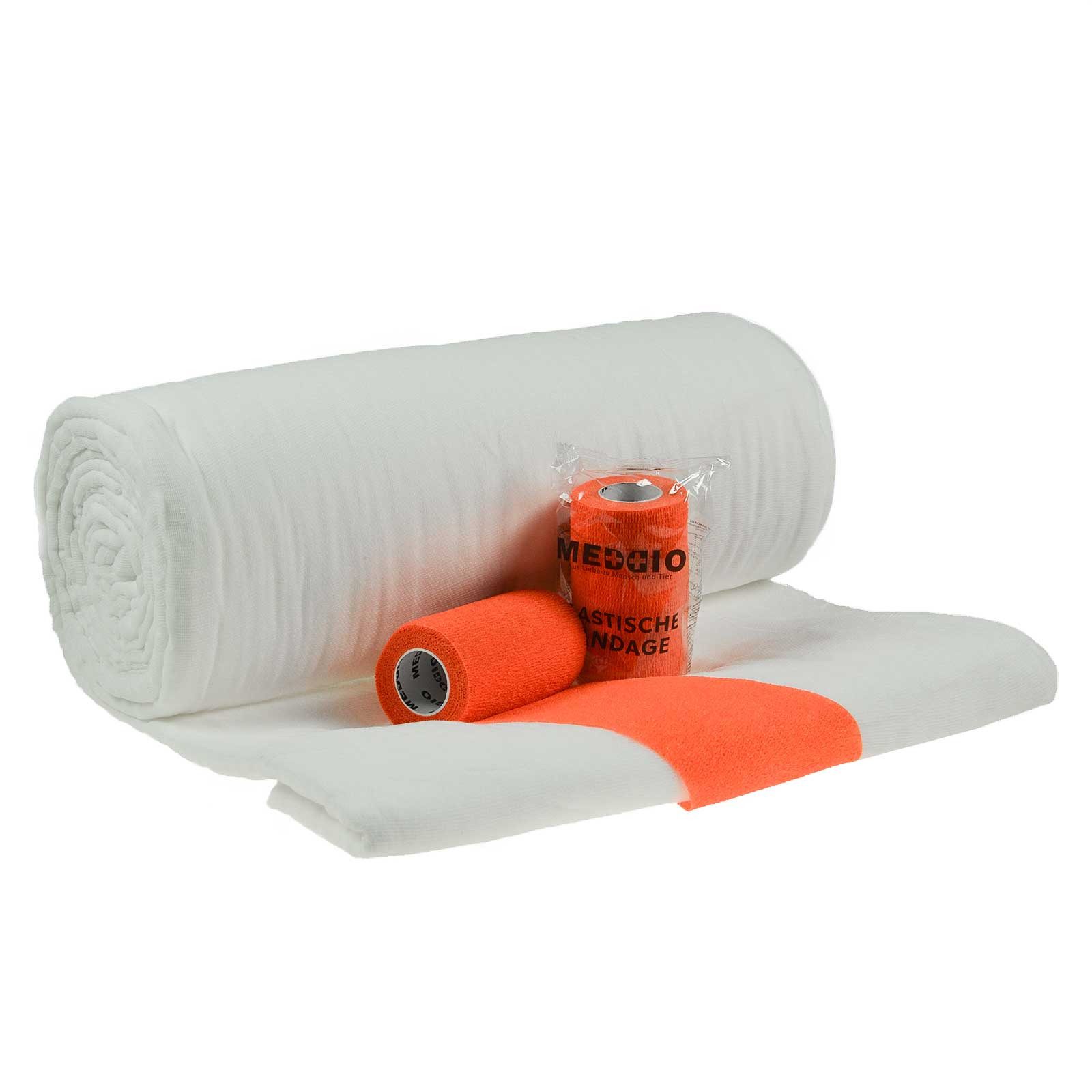 meDDio Pferdebandage Bandagierwatte / Verbandwatte 40cm + 12 Haftbandagen 10cm neonorange