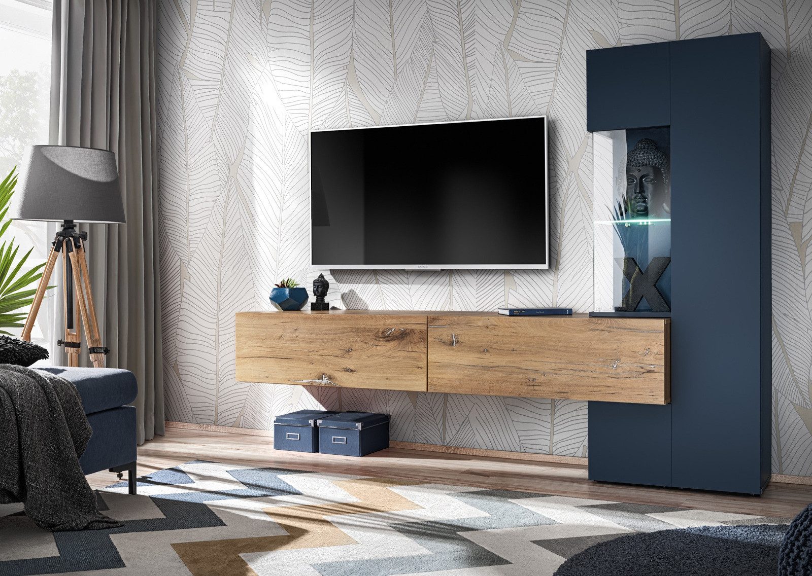 Inn.Furn Wohnwand Azuro, (TV Wand in Zinneiche und matt Blau, 210 x 162 cm), mit Push-to-Open, inklusive Beleuchtung