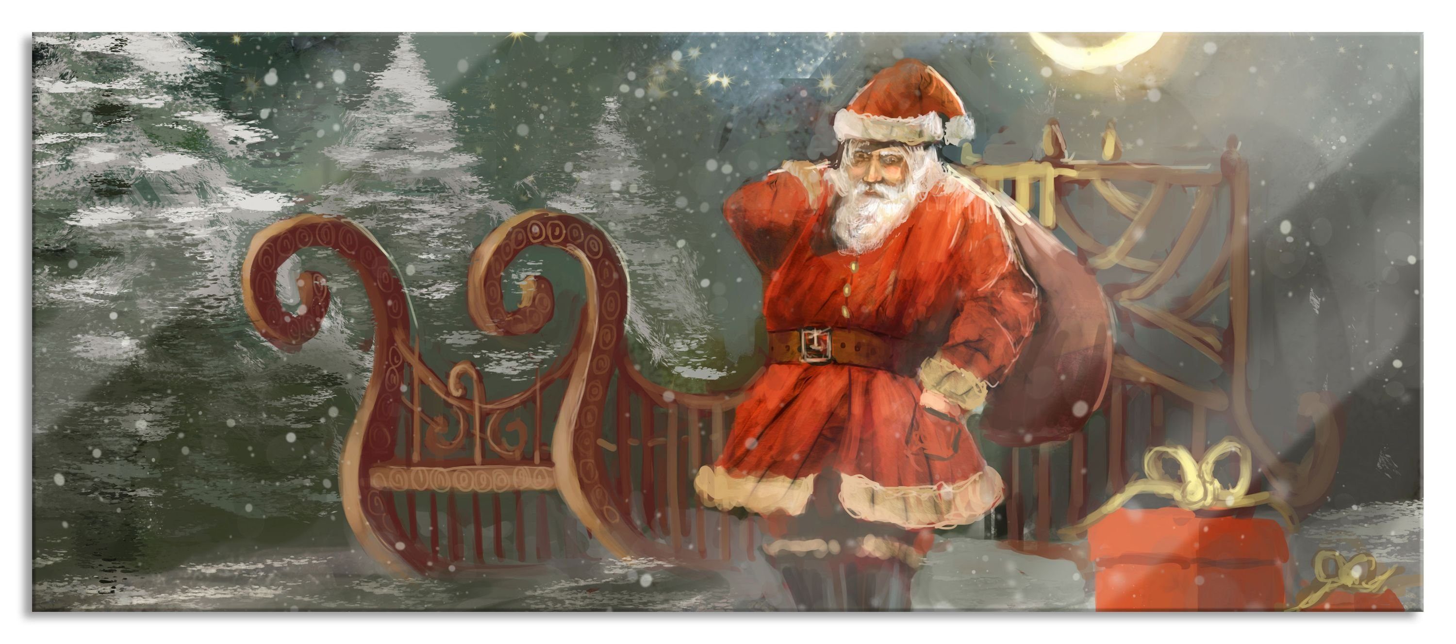 Pixxprint Glasbild Weihnachtsmann mit Geschenken, Weihnachtsmann mit Geschenken (1 St), Glasbild aus Echtglas, inkl. Aufhängungen und Abstandshalter