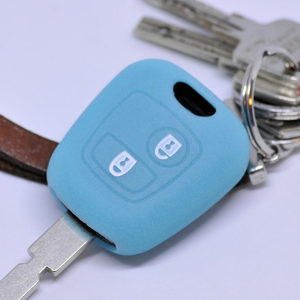mt-key Schlüsseltasche Autoschlüssel Softcase Silikon Schutzhülle fluoreszierend Blau, für Citroen Berlingo C1 C2 C3 Toyota Aygo Peugeot Partner 2 Tasten