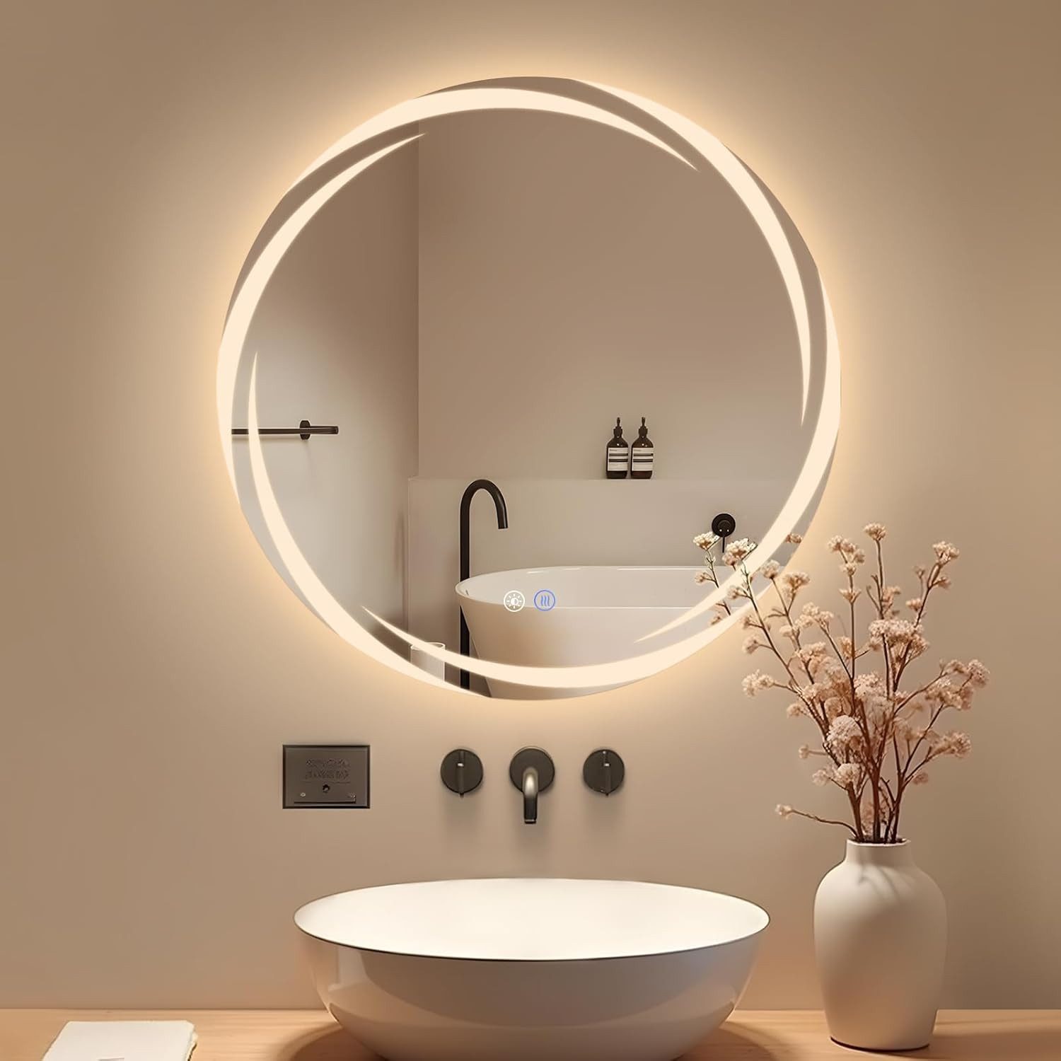 ZMH Badspiegel rund mit Beleuchtung, LED Badezimmerspiegel 3 Lichtfarben dimmbar, Touch-Schalter, Anti-Beschlag, Wandspiegel