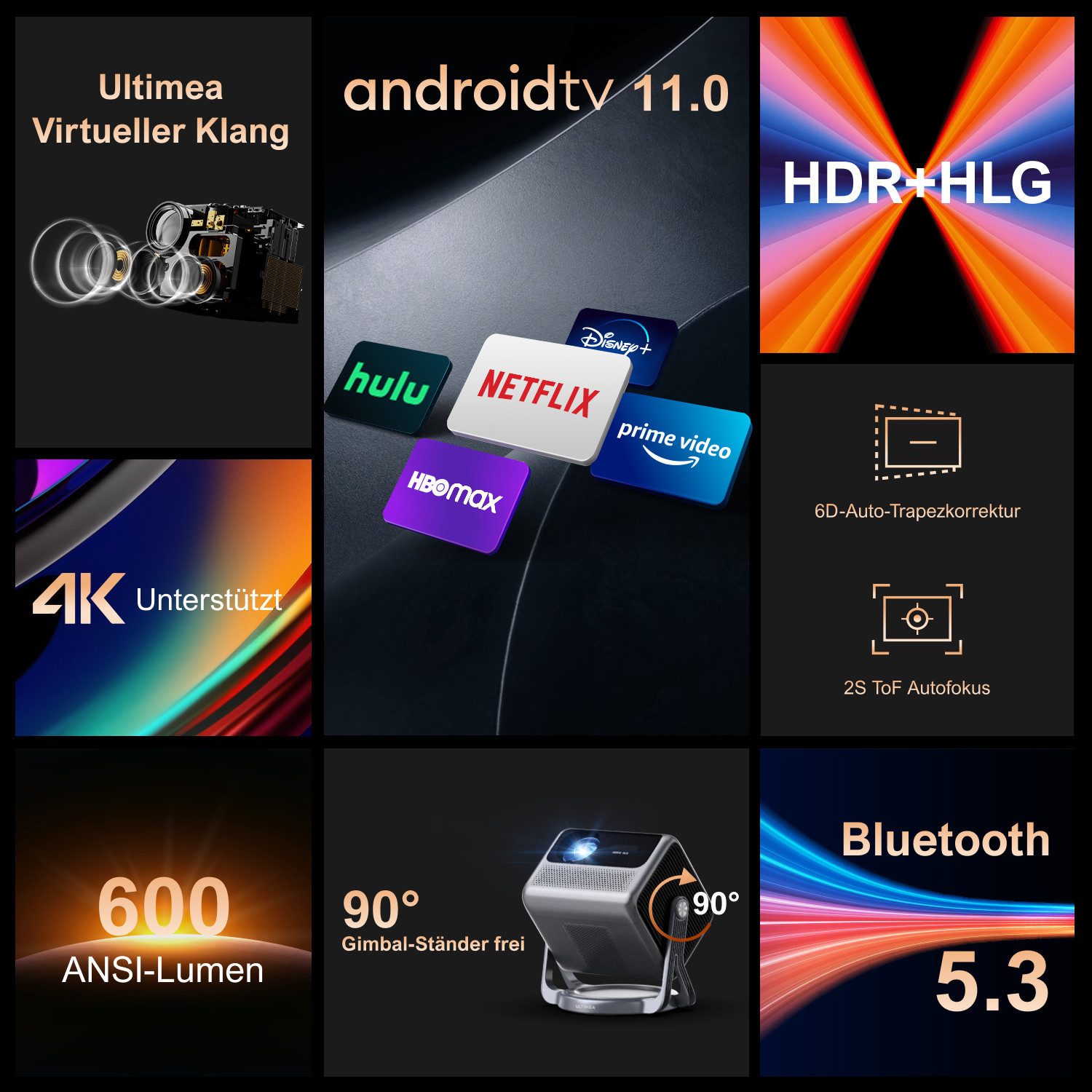 Ultimea Nova C40 Smart Projektor Andriod TV 11, 5G+2.4G WiFi, BT 5, LCD-Beamer (1920 x 1080 px, 600 ANSI-Lumen, Dolby Audio, 90° Gimbal Design, 4K Heimkino)