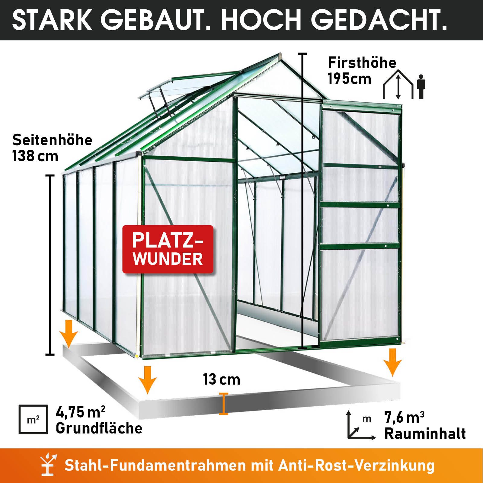 BRAST Gewächshaus ALU mit Fundament rostfrei 250x190x195cm TÜV geprüft, BxTxH: 190 x 250 x 195 cm, wetterfestes hochwertiges Aluminium, Temperaturbeständig, Wär – Bild 4 von 5