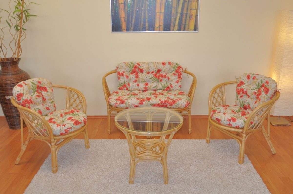 Rattani Rattanstuhl Rattangruppe, Rattangarnitur "Bahama" inkl. hochwertigen Polster, Set 2 Sessel, Rattanbank und Tisch Kissen Mirha Leinen Mohnblume