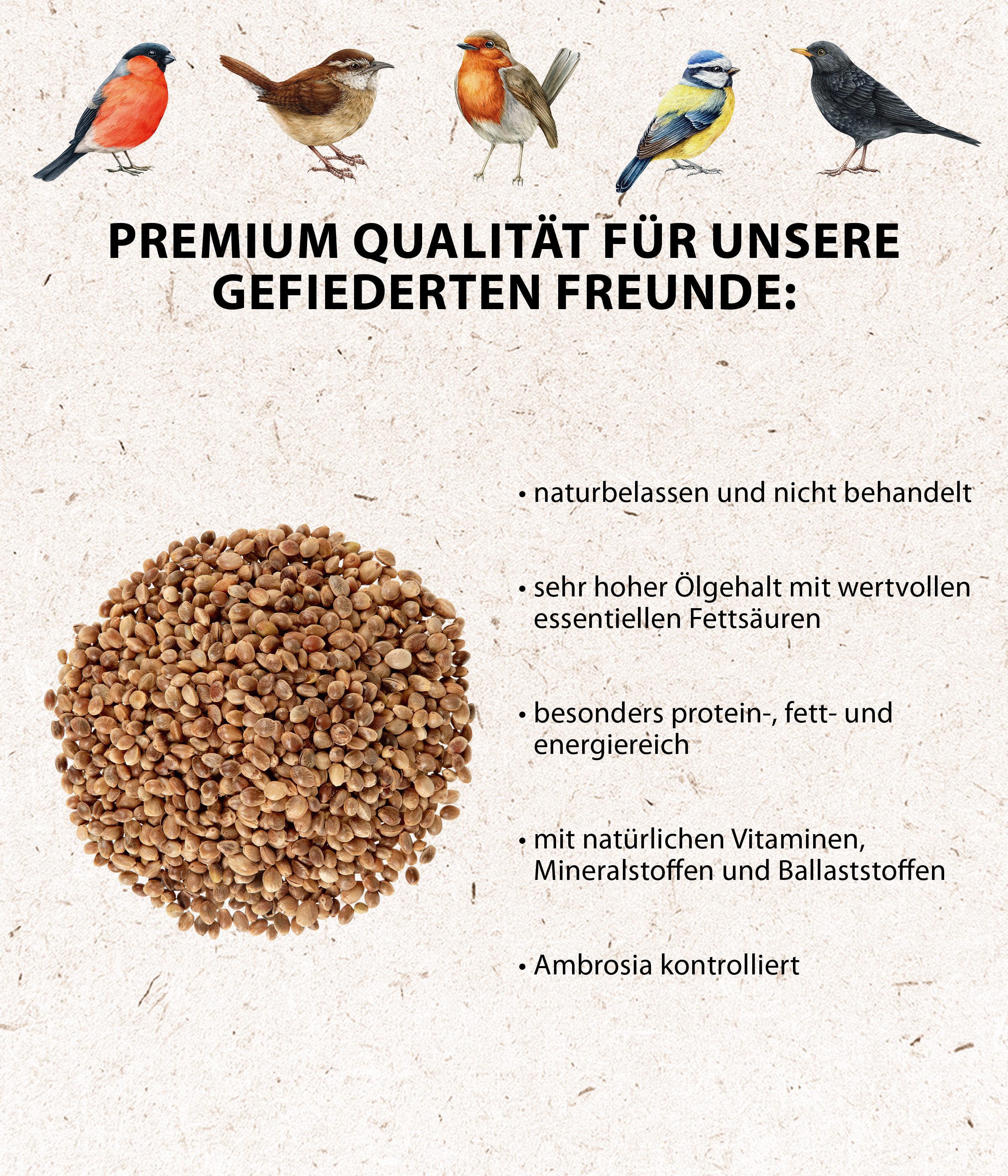 Dehner Natura Premium Hanfsaat, Wildvogelfutter, 2.5 kg, Hauptfutter für: Gartenvögel, Wildvogel, hochwertiges Futter, für Grünfink, Kleiber, Buchfink, Gimpel