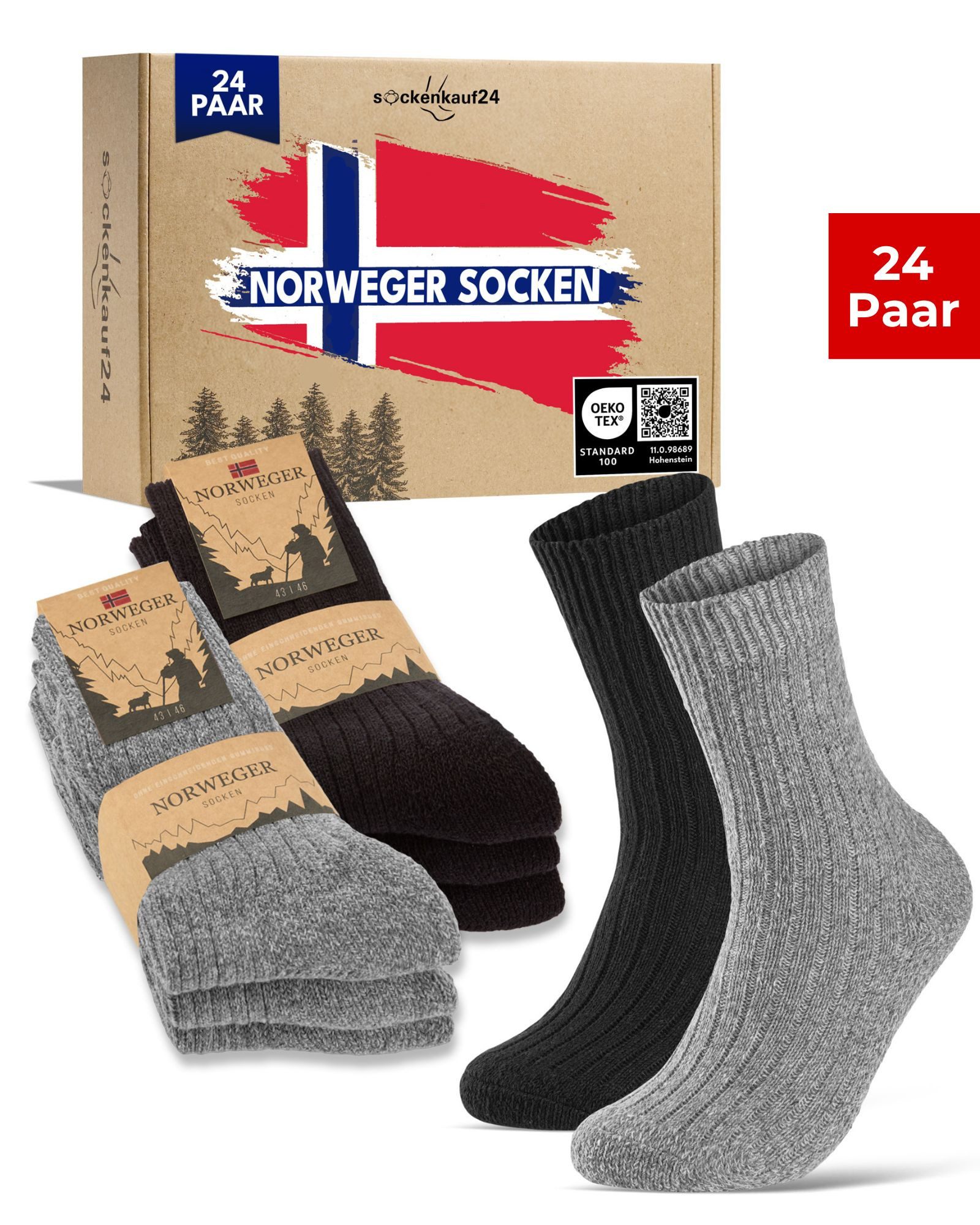 sockenkauf24 Norwegersocken Wintersocken warme Wollsocken Damen & Herren (24-Paar) gepolsterte Frotteesohle - 20100