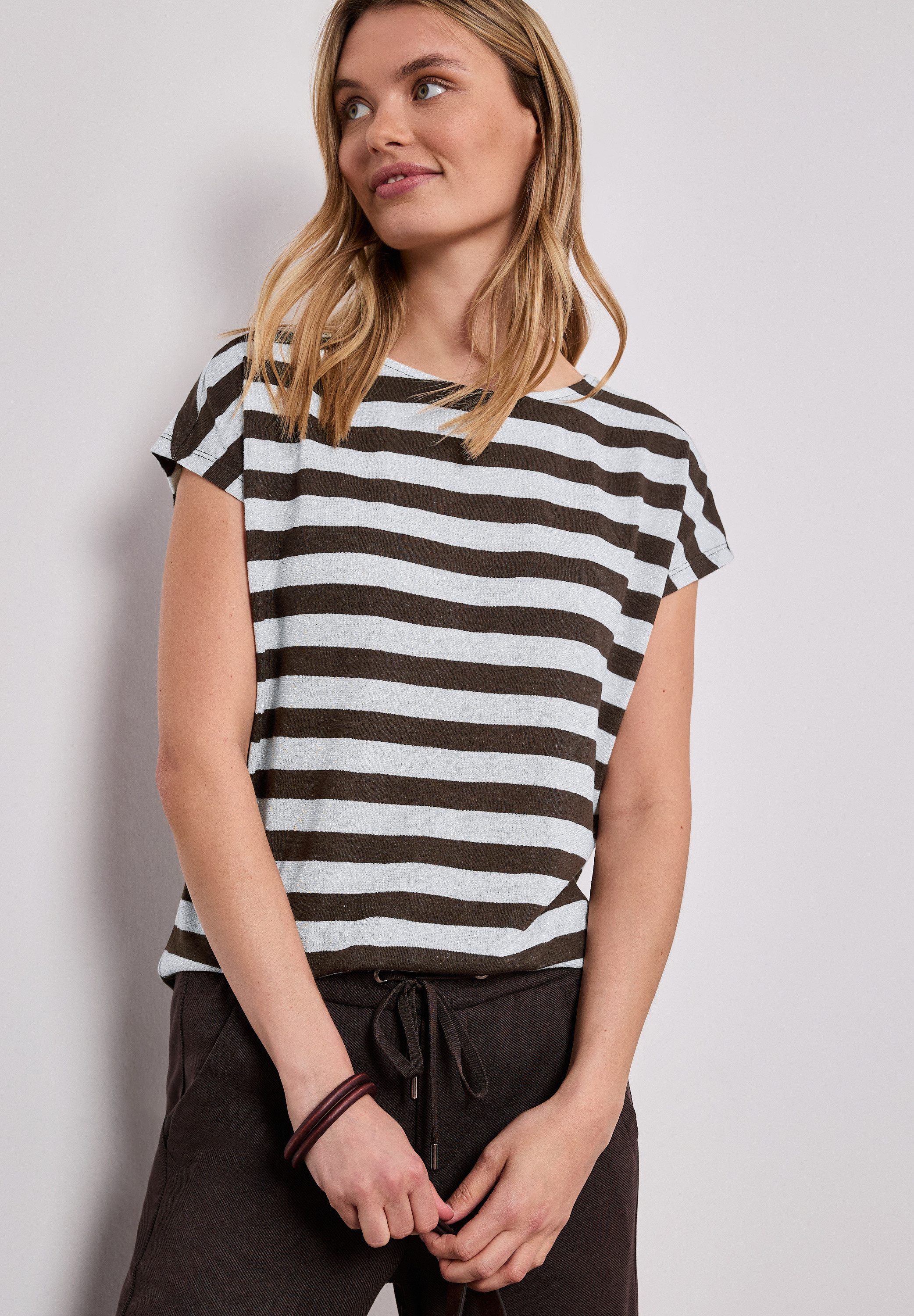 STREET ONE Shirttop Streifenmuster mit Glitzerdetails, seitliche Schlitze