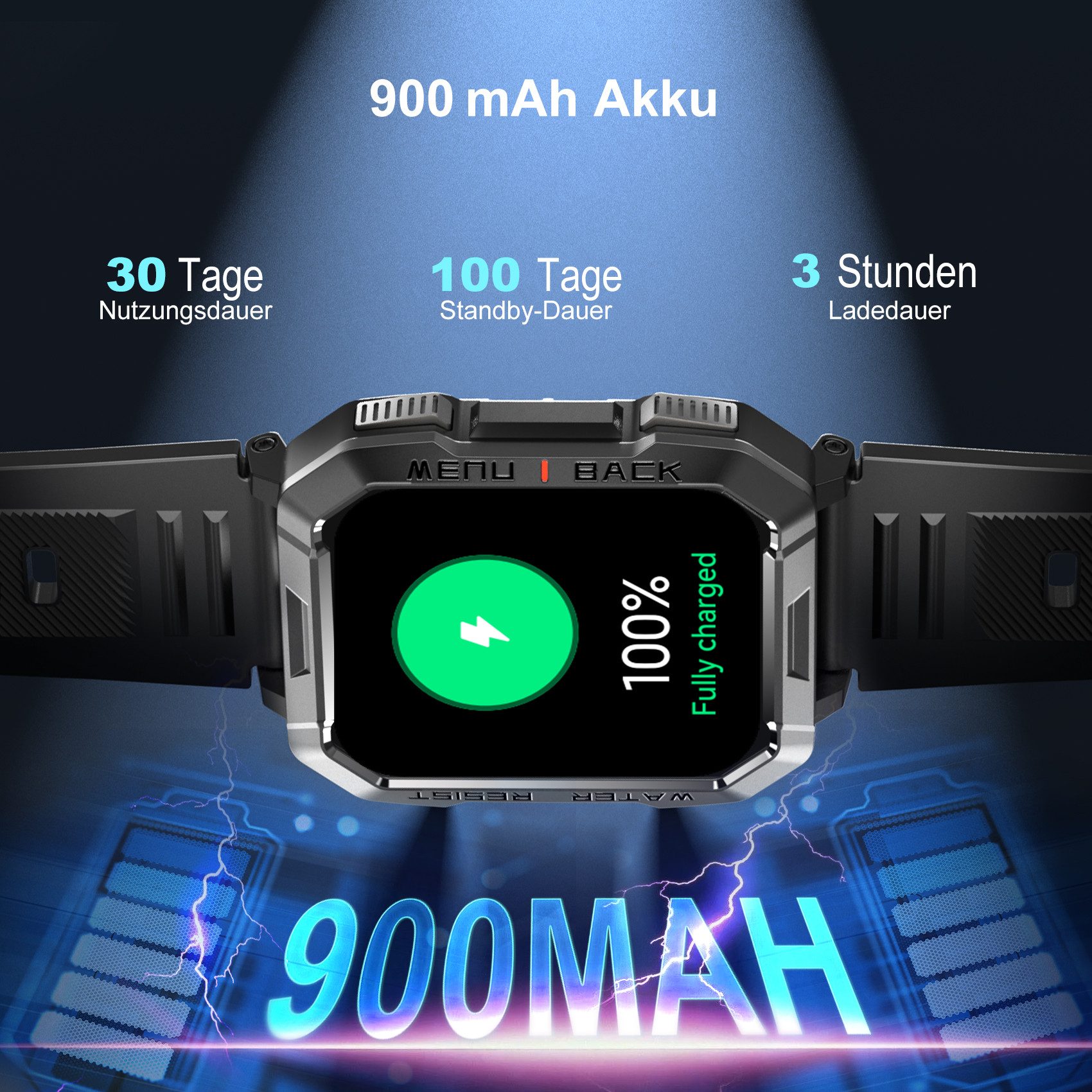 blackview Smartwatch Herren W60, 900mAh( 30 Tage Akkulaufzeit) , Bluetooth-Anrufe Smartwatch (5.1 cm/2.01 Zoll, iOS/Android) Set, 1-tlg., 3xRiemen (Metallarmband+Silikonarmband+Geflochtenesband) und Ladekabel, Sprachassistent,LED-Taschenlampe,Kompass,150+ Sportmodi,Schritten,IP68