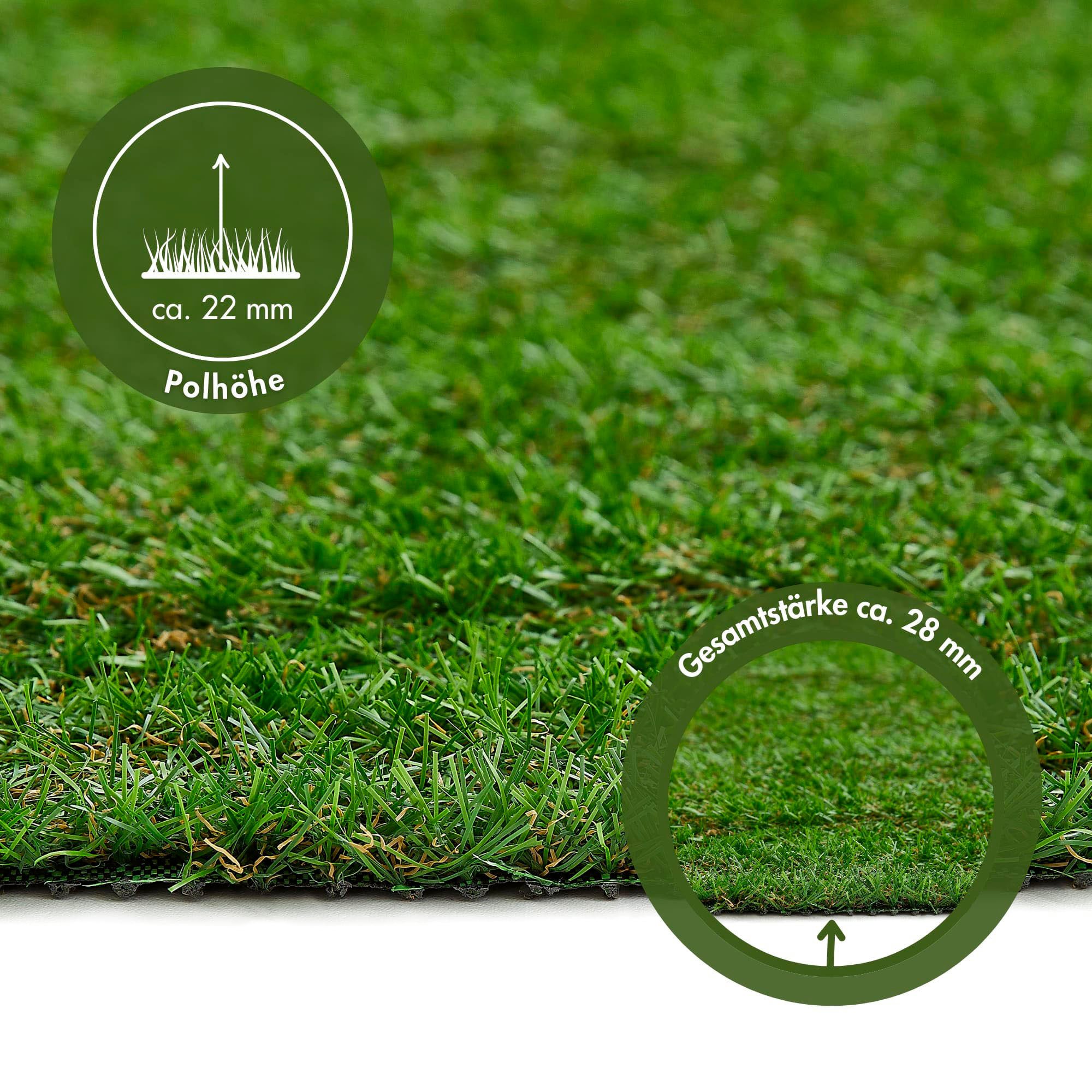 Andiamo Kunstrasen Rasenteppich Sansibar, Gesamthöhe 20 mm, rund, realistische Optik, mit Drainagefunktion, für Balkon & Terrasse