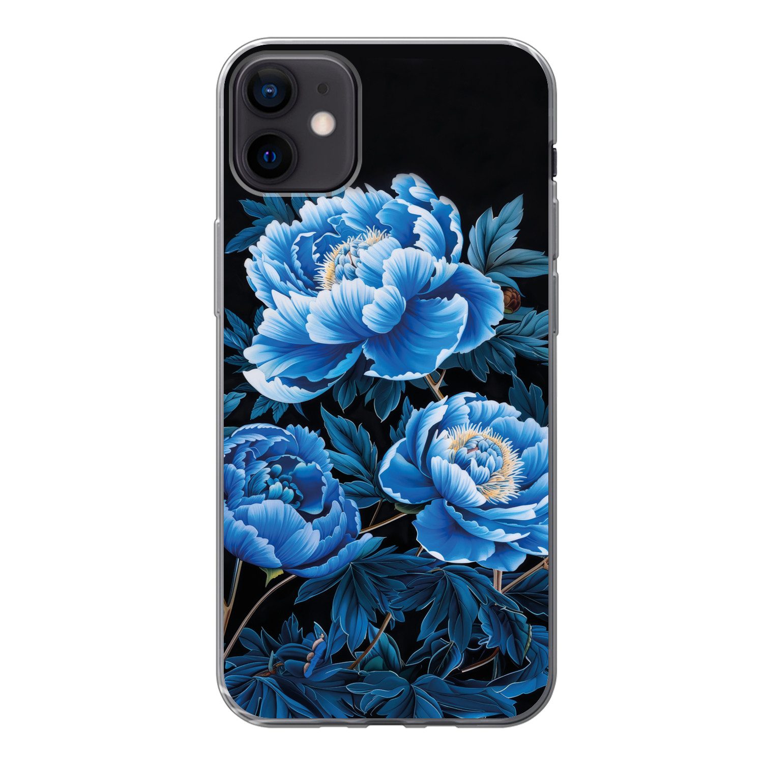 MuchoWow Handyhülle für Apple iPhone 12 mini Blumen - Schwarz - Blau - Modern, Smartphone-Bumper, Print, Handy Schutzhülle Dünn