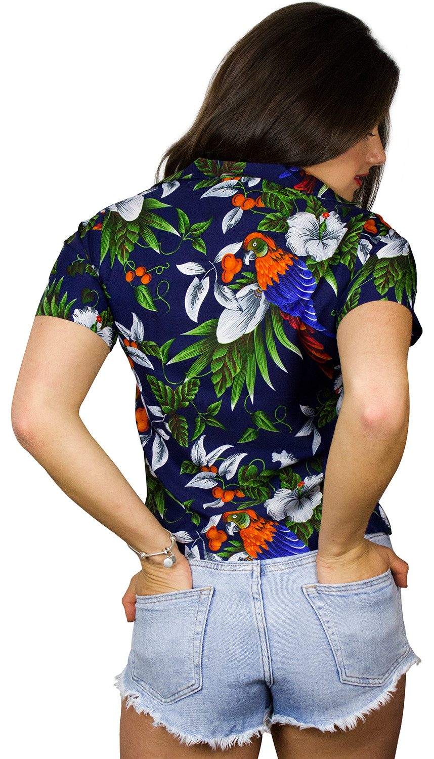 King Kameha Hawaiihemd Cherryparrot Funky Hawaiibluse Damen Kurzarm Front-Tasche Stylish