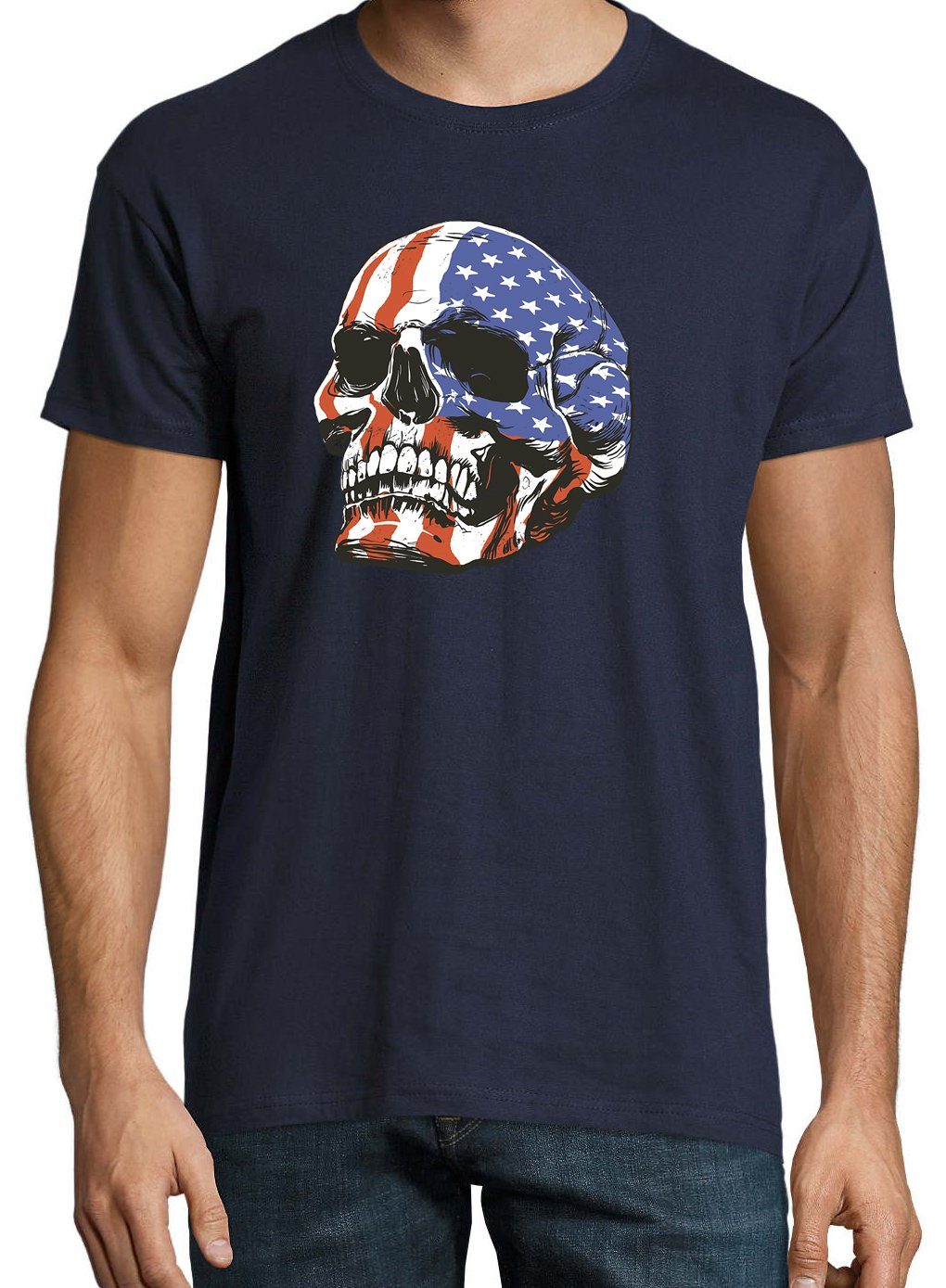 mit Shirt USA T-Shirt Skull Youth trendigem Designz Frontprint Herren Schädel Navyblau