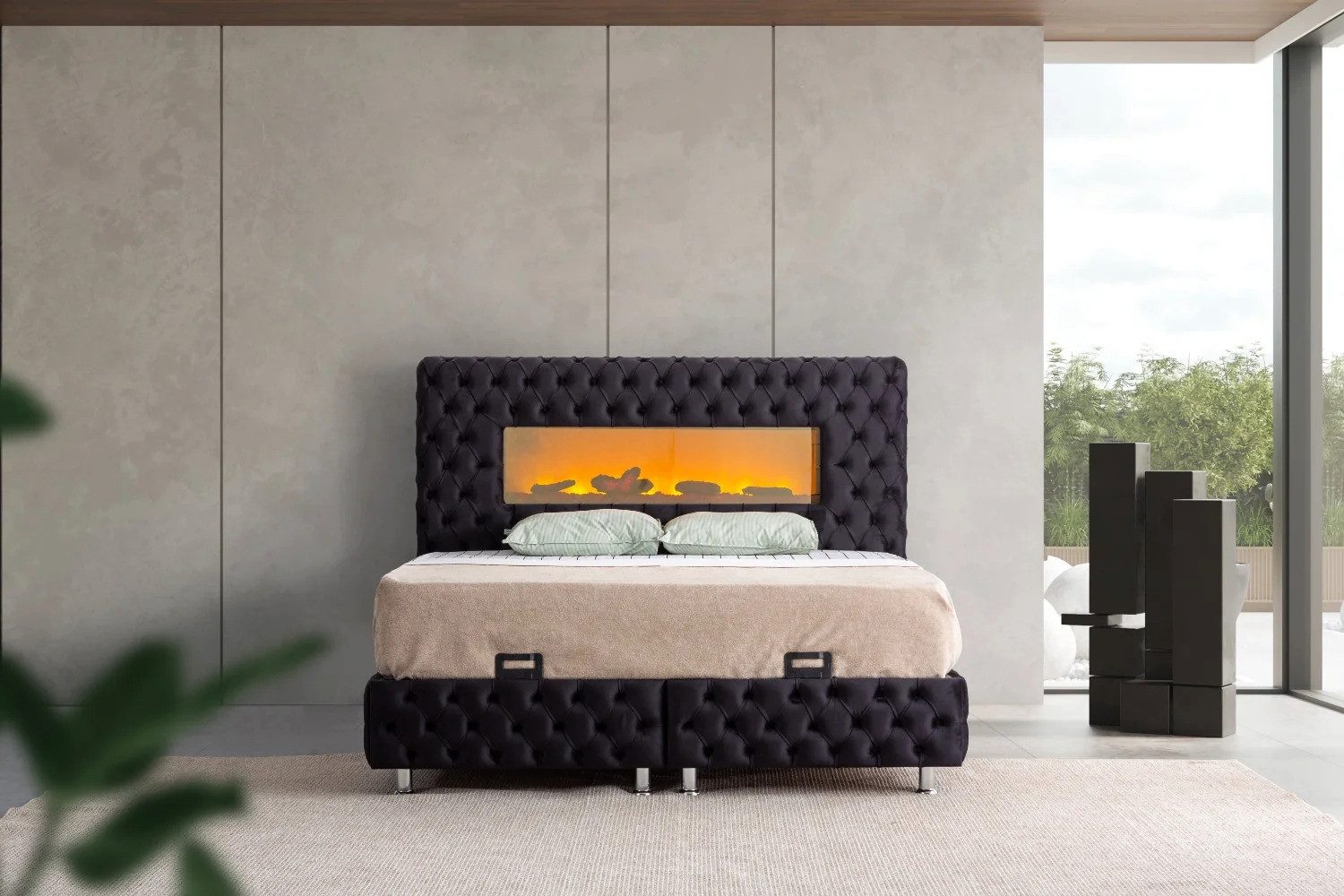 Bermo Home Bettgestell Lindo (Set, Lindo Boxspringbett (inkl. Unterbau & Metallfüßen), Polsterbett mit Chesterfield-Knöpfung und Kaminfeuer-Licht