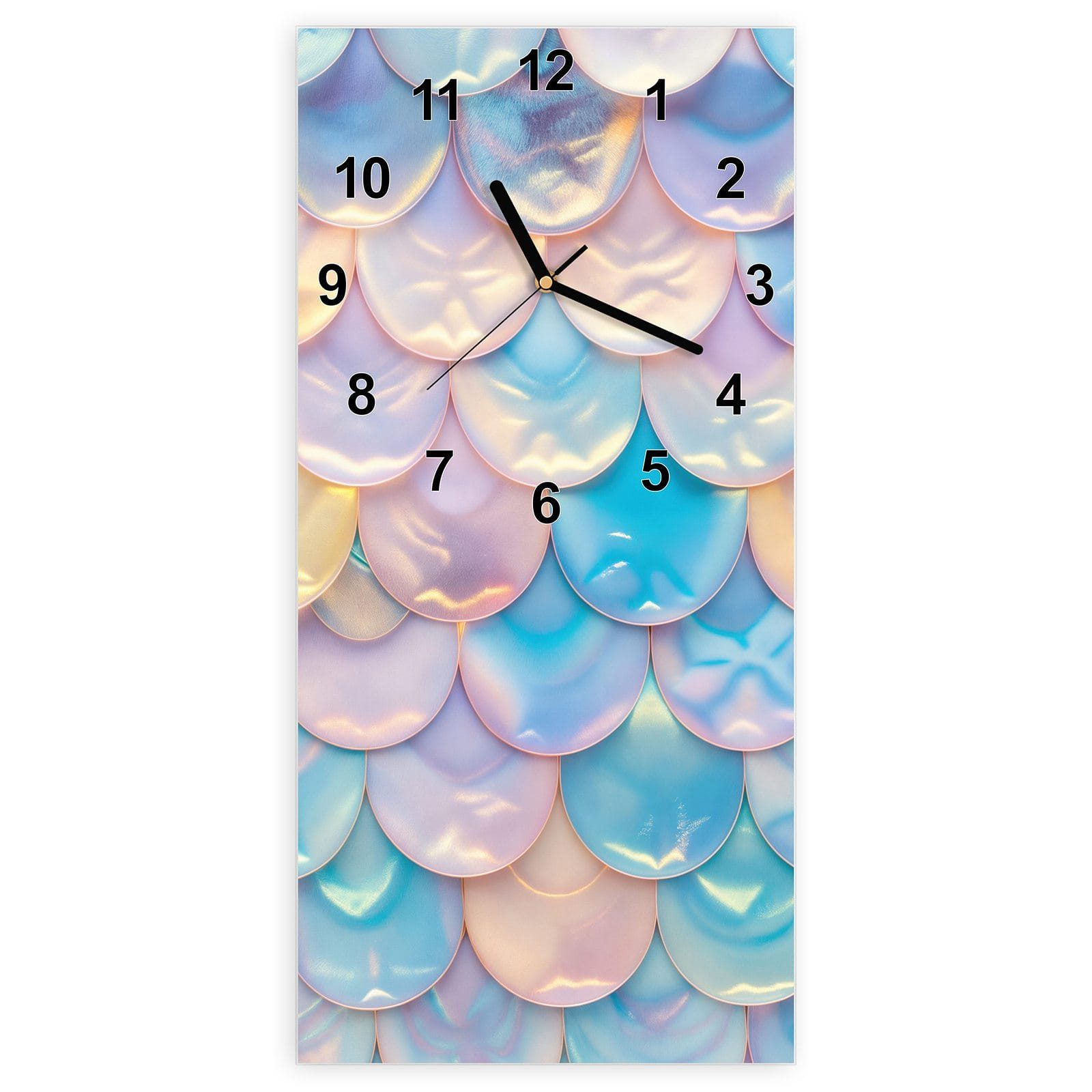 Primedeco Wanduhr Glasuhr Wandkunst Größe 30 x 60 cm mit Motiv Schuppen Mix Pastell