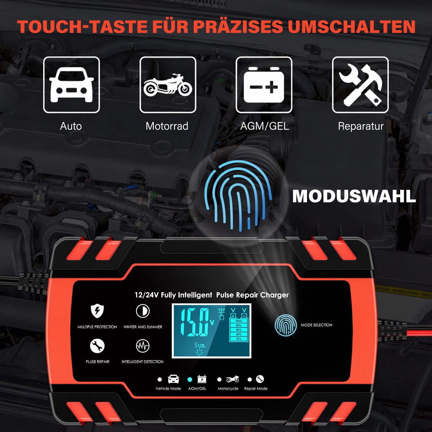 MOPUEA 8-A Intelligent Battery Charger, 12V/24V Car Battery Charger (with trickle charge, fully automatic desulfator, with temperature compensation for cars, trucks, lawnmowers)