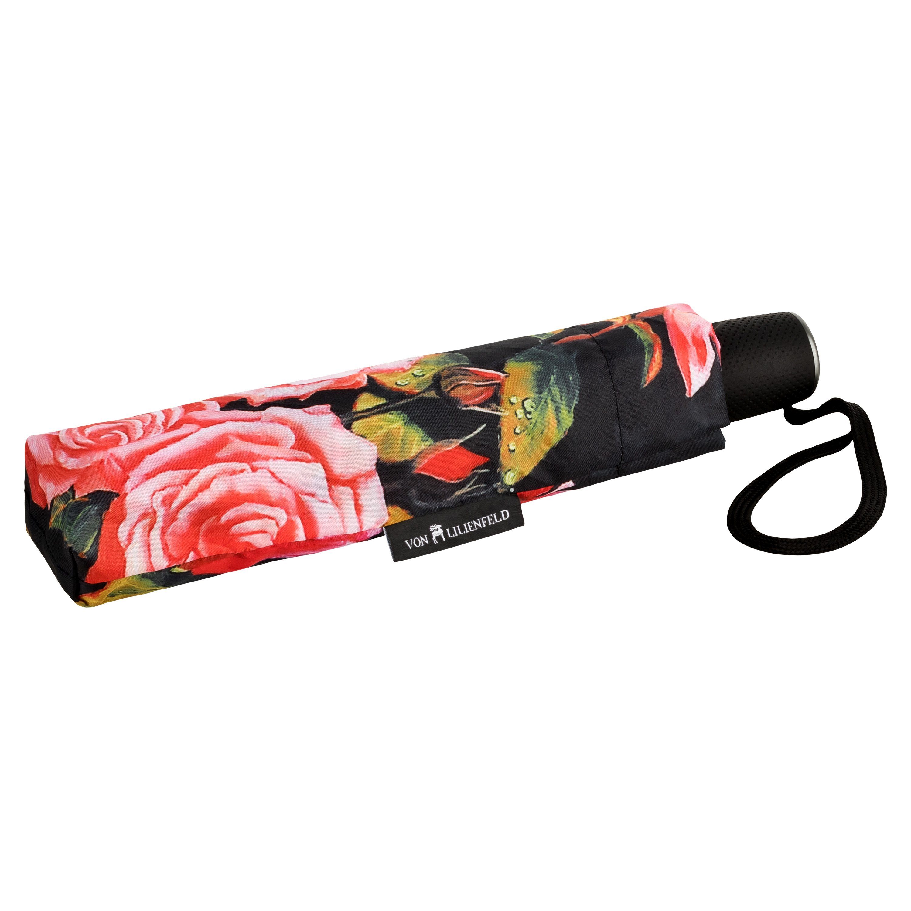 von Lilienfeld Taschenregenschirm Stabil, Blumen Garten Wellenkante Blüten Rosen Motivschirm Leicht