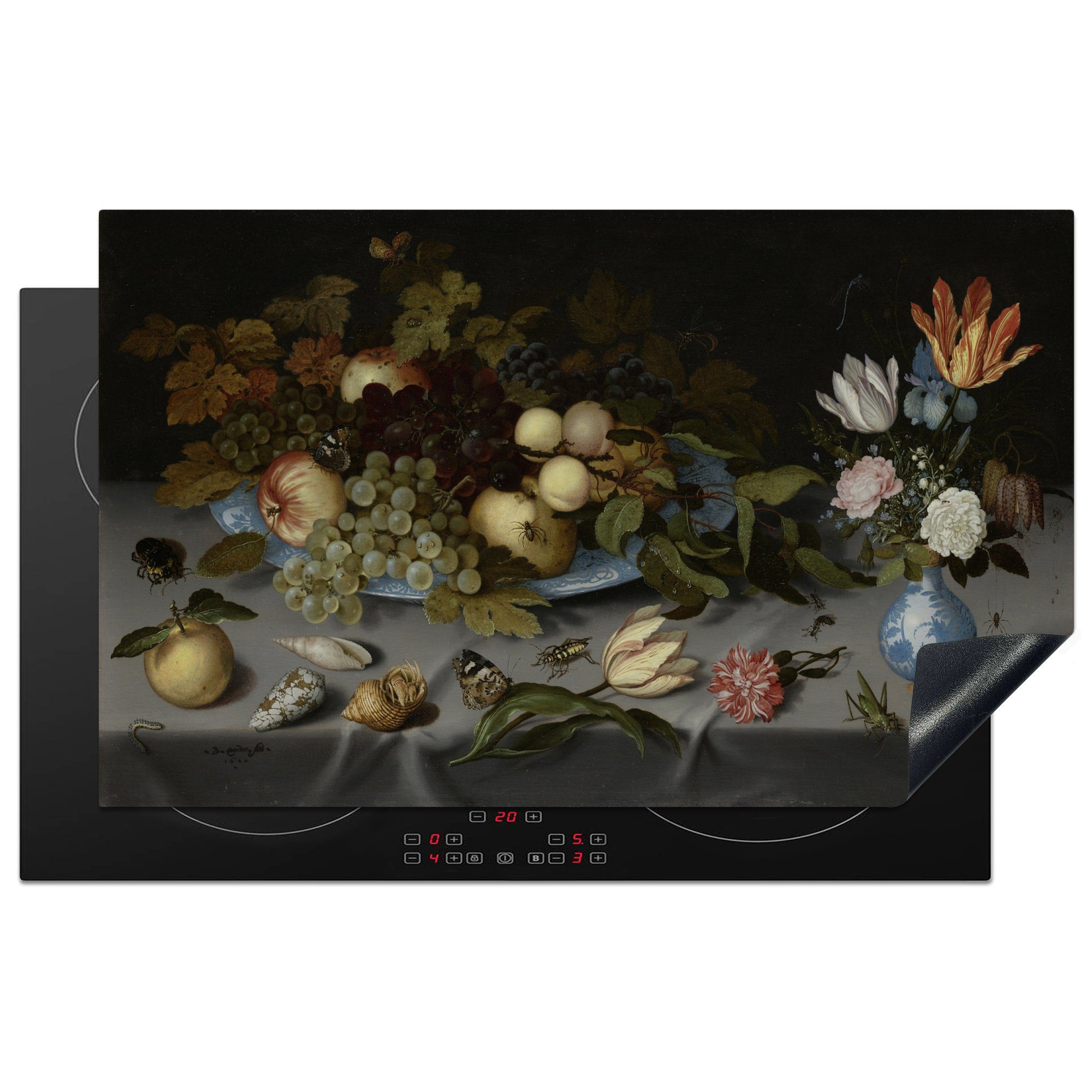 MuchoWow Herdblende-/Abdeckplatte Stilleben mit Obst und Blumen - Gemälde von Balthasar van der Ast, Vinyl, (1 tlg), 83x51 cm, Ceranfeldabdeckung, Arbeitsplatte für küche