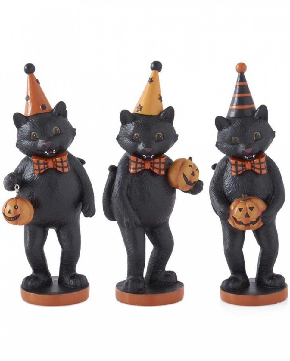 Horror-Shop Dekofigur Schwarze Halloween Katze mit Kürbis, Fliege & Part