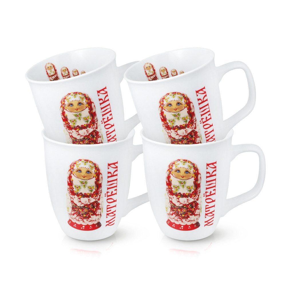 Tasse Becher 4er Set Matrjoschka in Rot Porzellan 400 ml rot Motivbecher, 4-tlg., Porzellan