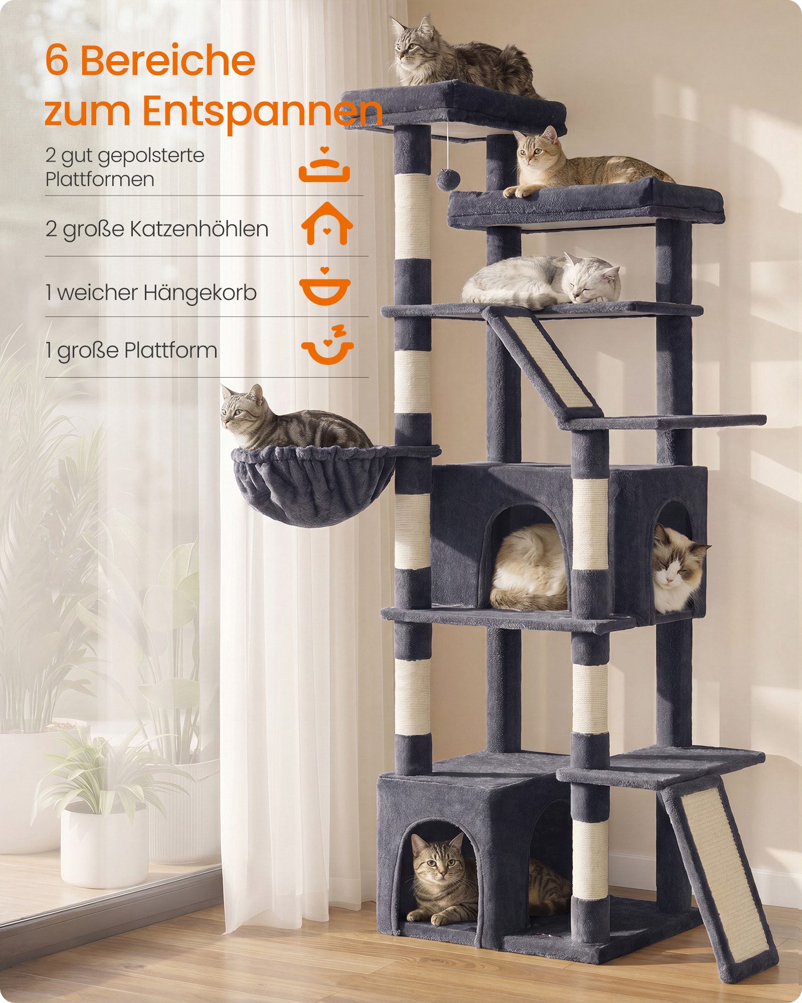 FEANDREA Kratzbaum Großer Katzenbaum mit Sisalstämmen, Mehrstöckiger Kletterbaum, mit Kratzbrett und Sisalstämmen für Große Katzen 55 x 45 x 185 cm