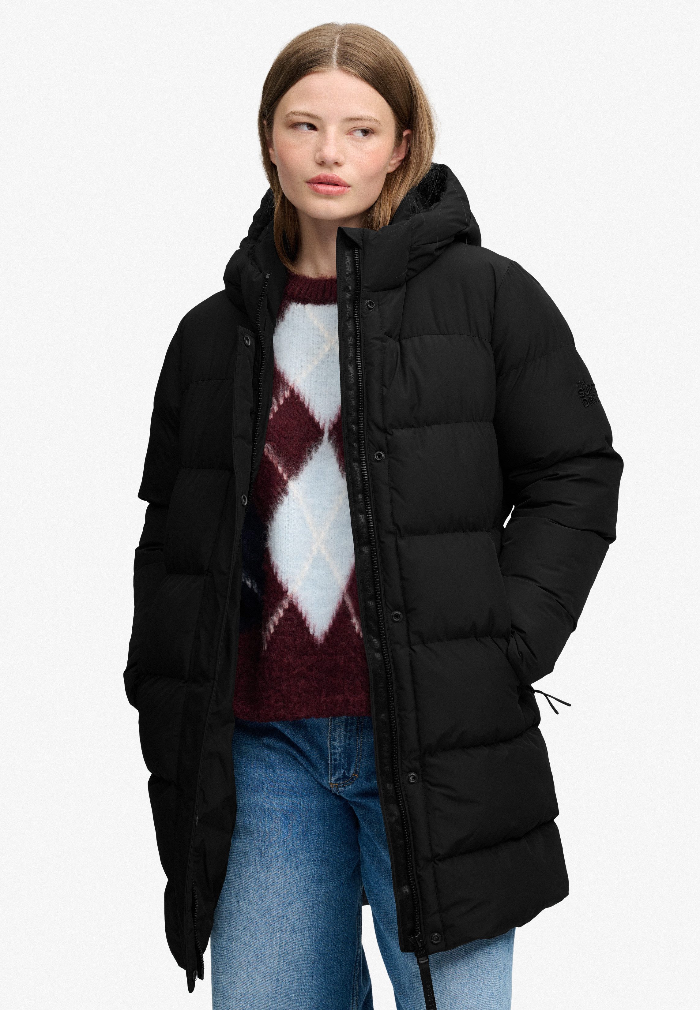 Superdry Steppjacke HOODED SPORTS PUFFER MID JKT Kunstfaser, relaxed fit