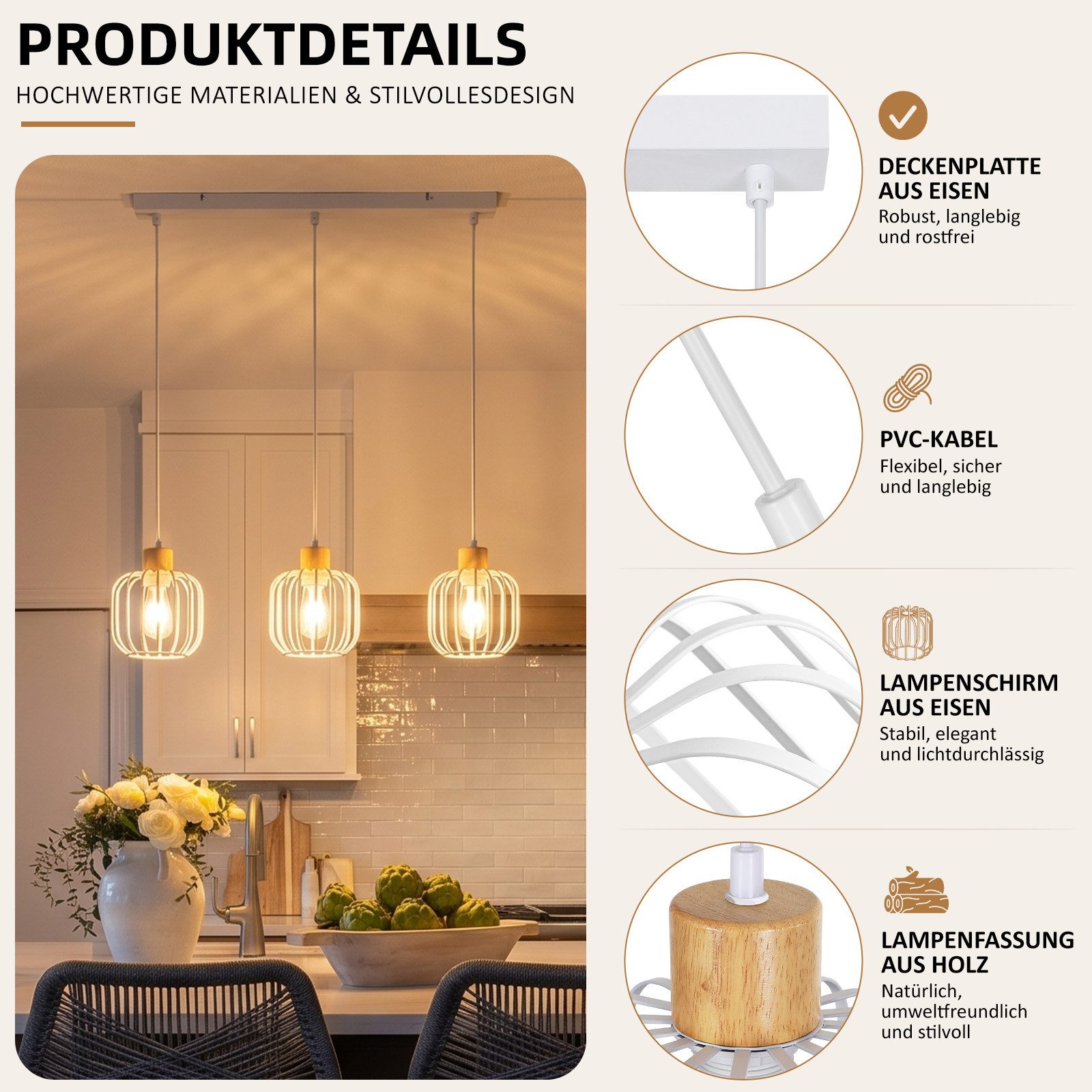 ZMH Pendelleuchte Grau & Weiß 3-flammige, E27, Holz+Eisen, für Esszimmer & Küche, ohne Leuchtmittel, Offener Lampenschirm, maximal 25 W pro Kopf, ohne Glühbirne – Bild 3 von 5