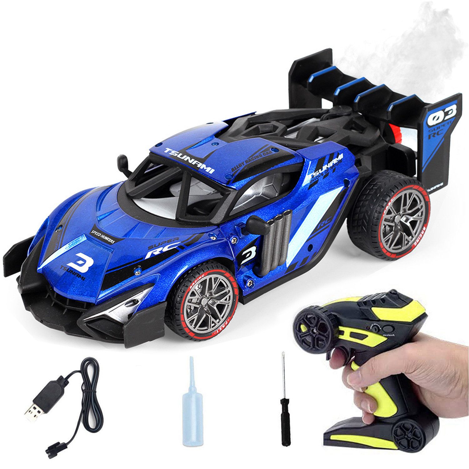 Esun RC-Auto Ferngesteuertes Auto ab 3 4 5 6 8 Jahre, RC Drift Car 1:16 (Komplettset), RC Auto Kinder mit Sprühnebel-LED-Leuchten