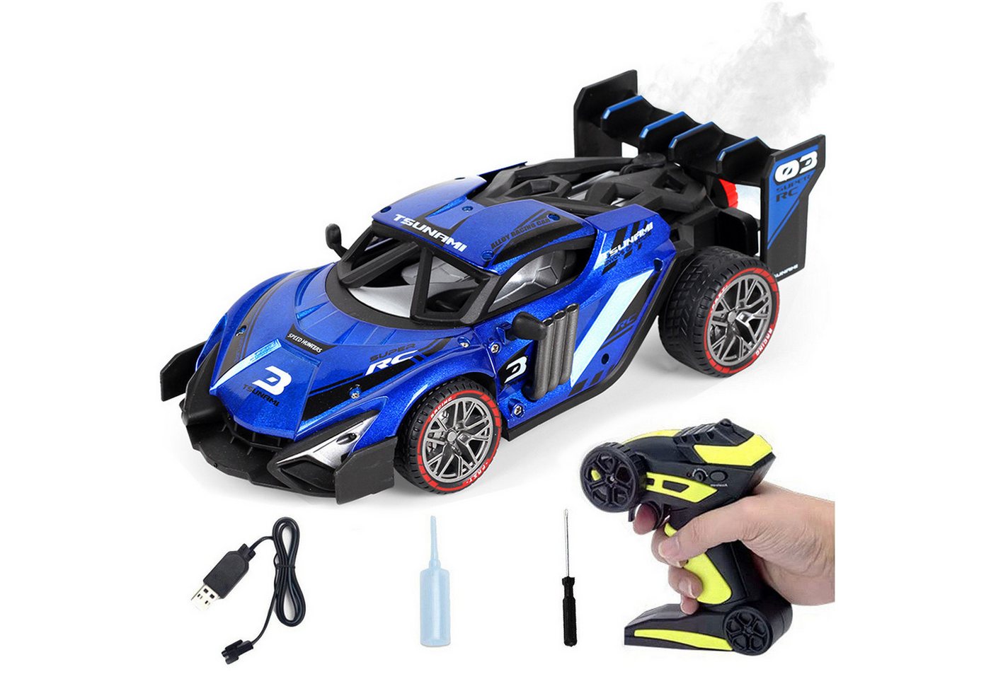 Esun RC-Auto Ferngesteuertes Auto ab 3 4 5 6 8 Jahre, RC Drift Car 1:16 (Komplettset), RC Auto Kinder mit Sprühnebel-LED-Leuchten