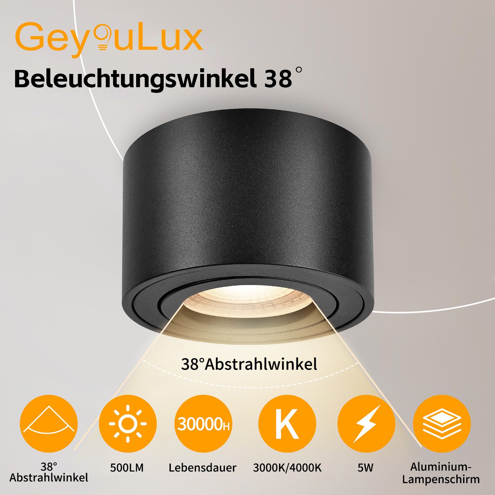 GeyouLux LED Aufbaustrahler LED Aufbauspot, Aufbaustrahler, Deckenspots Ø80x50mm Rund, Warmweiß, LED Modul 230V 30° Schwenkbar Extra Flach Aufputz Spots 4 Stück