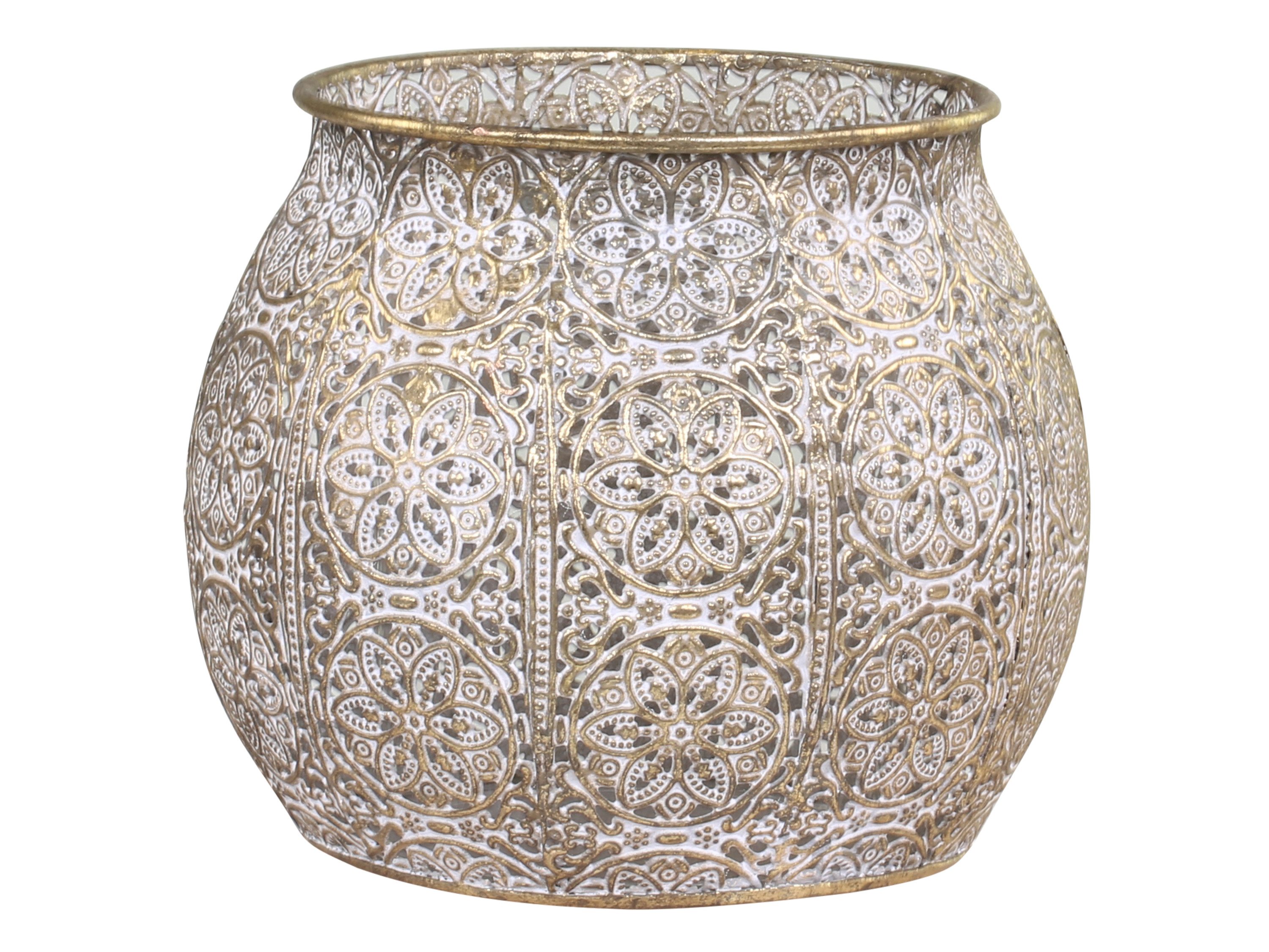 Chic Antique Windlicht Windlicht Vire Gold Teelichthalter aus Eisen mit Glaseinsatz Ø 15 cm, Filigranes Ornamentmuster für wunderschöne Lichtspiele