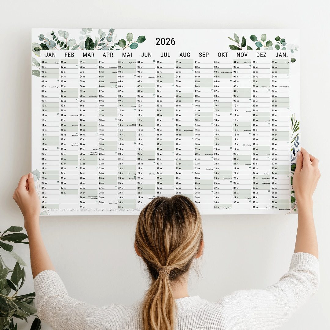 heaven+paper Jahresplaner A2 Wandplaner gerollt 2026 Greenery Querformat, hochwertig, Hergestellt in Deutschland